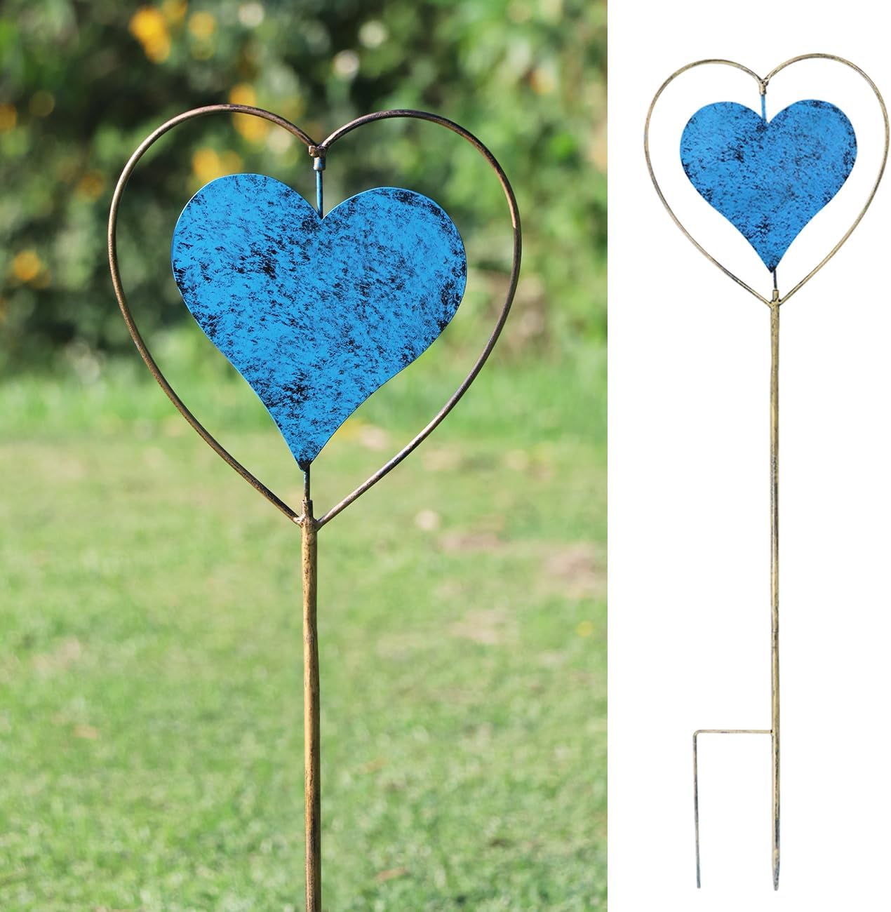 Metal Garden Decor for Outside, Cemetery Decorations for Grave, yard art | Rotating Heart-Shaped Garden Stake,Perfect for Planter Decorations,Also the best choice for gifts – blue