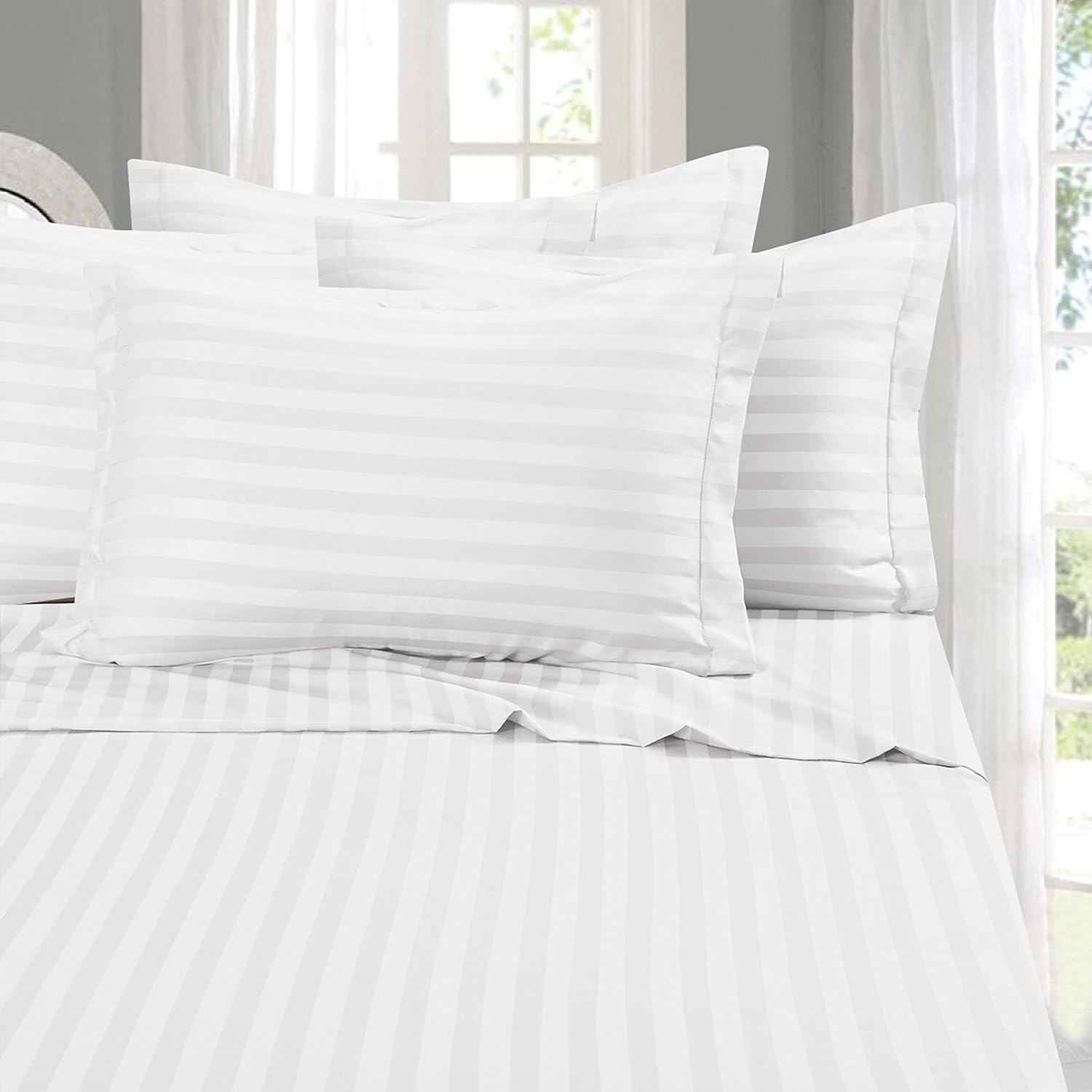 Elegant Comfort Best, Softest, Coziest 6-Piece Sheet Sets! – 1500 Premier Hotel Quality Luxurious Wrinkle Resistant 6-Piece Damask Stripe Bed Sheet Set, Queen White