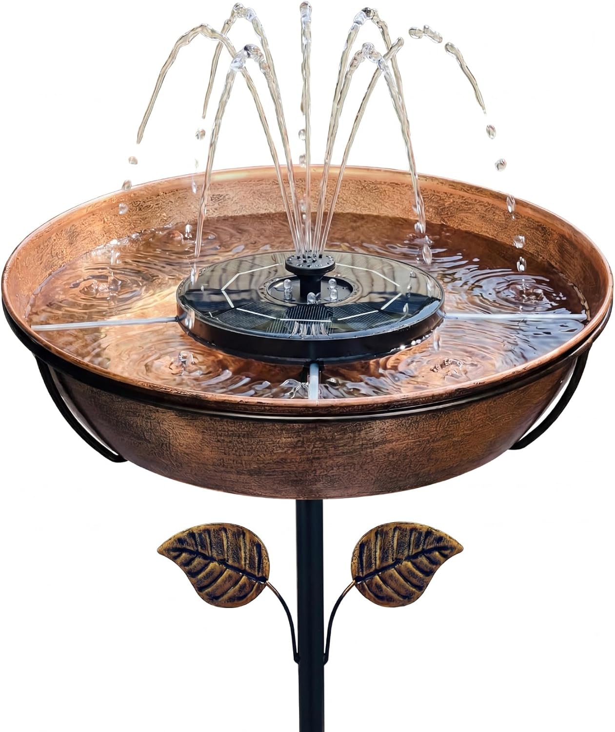 13″ Metal Bird Bath with Solar Fountain, Battery & LED | 6.3″ Fountain, 4 Fixed Rods, 5 Spray Patterns, 3″ Deep Bowl, 1.4 Gallon Capacity, 5-Prong Stake for Flowing Water Feature