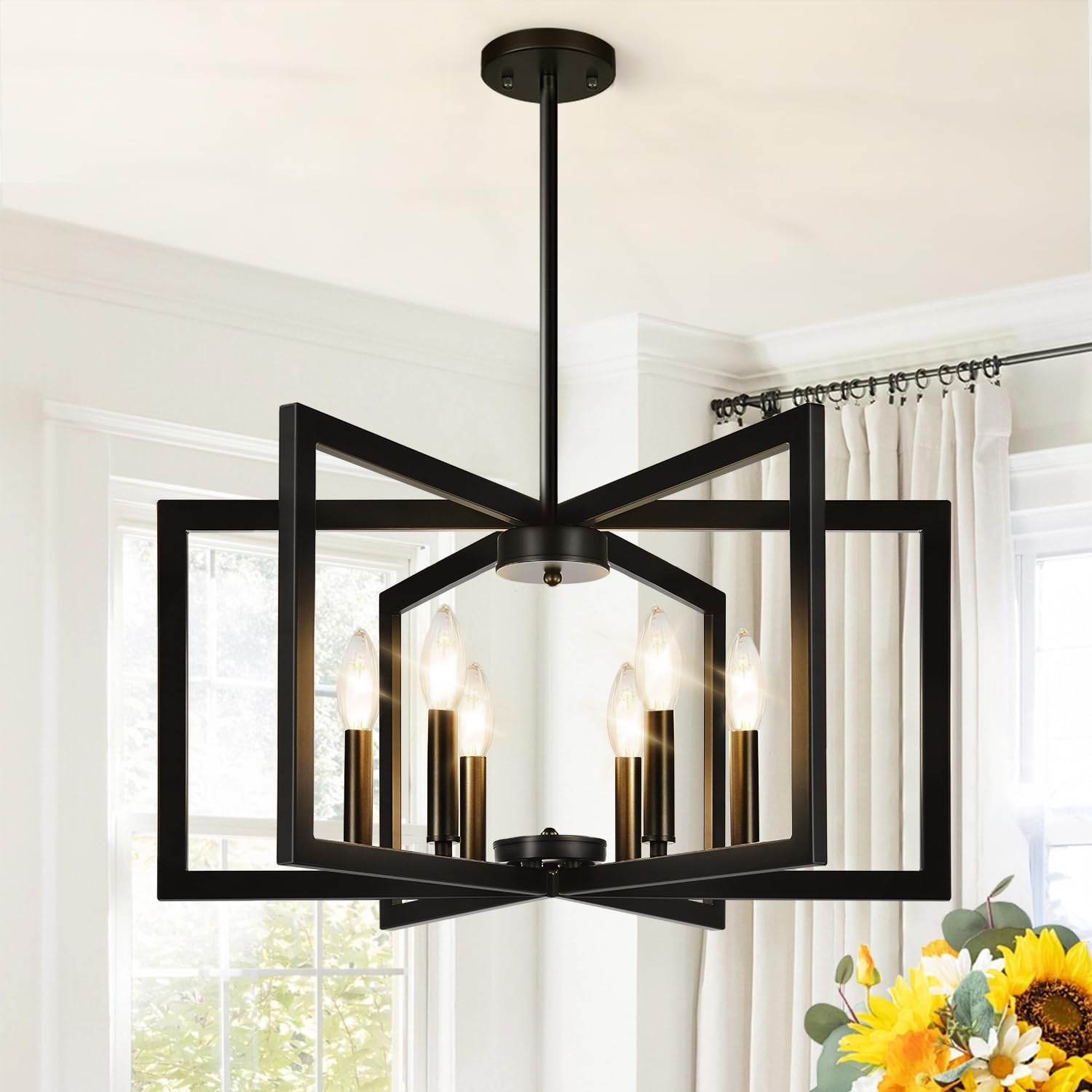 25″-61″ Height Adjustable Modern Matte Black Chandelier for Dining Room, No Assembly Required Black Dining Room Light Fixture Over Table, Industrial Metal Pendant Lights Fixture for Kitchen Island