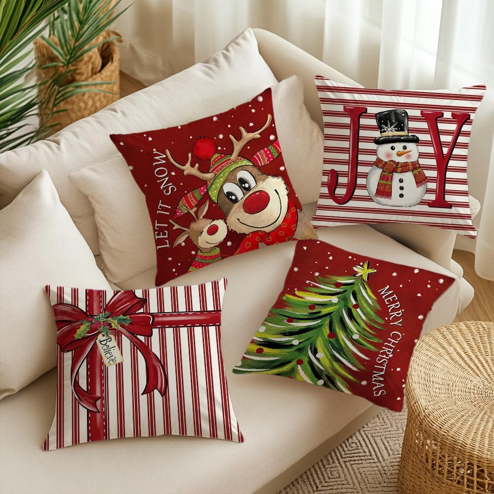 Christmas Throw Pillow Covers, 18×18 inch, Set of 4 | Red Holiday Design with Reindeer and Snowman, 100% Polyester