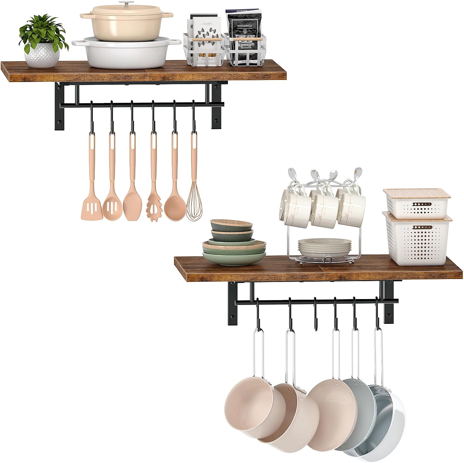 CHOEZON Wall-Mounted Pot Racks, Set of 2 Hanging Pot Rack, Floating Shelves, Wall Shelves, Vintage Pot Hangers for Kitchen, Wall Rack for Kitchen Storage, Rustic Brown and Black TPR26P2BF