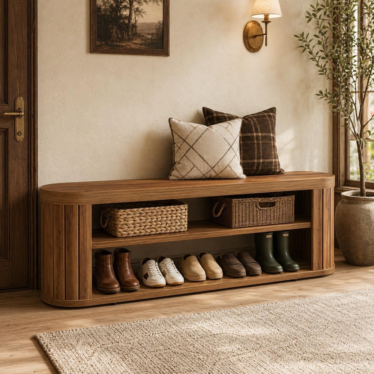 Tribesigns 47.2″ 3-Tier Entryway Bench with Shoe Storage | Farmhouse Wooden Foyer Bench with Adjustable Foot Pads,End of Bed Bench for Hallway, Bedroom, Entryway, Brown
