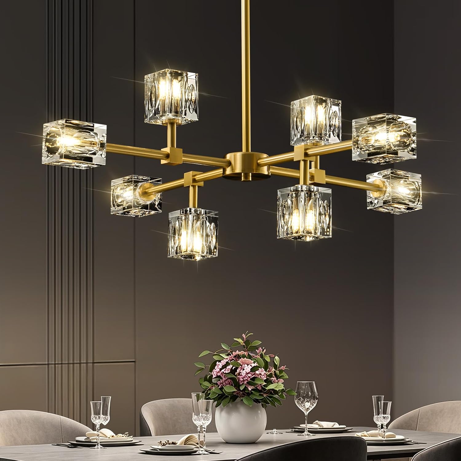 Modern Sputnik Crystal Kitchen Chandelier: Antique Brass Gold Dining Light | Elegant 8 Light Brushed Chandeliers, Adjustable Height Pendant Lights Ceiling Fixture for Living Room Island Table Bedroom