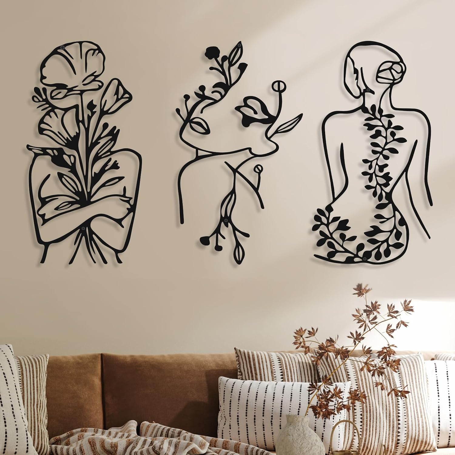 Photect 3 Pcs Metal Wall Art Decor Minimalist Abstract Woman Wall Art Metal Modern Line Drawing Decor Female Single Line Home Hanging for Bedroom Bathroom Living Room Housewarming(Plant,Black)