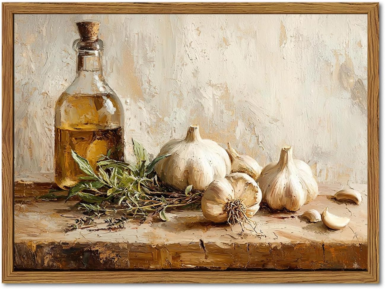 Framed Vintage Kitchen Canvas Wall Art, Rustic Garlic and Herbs Pictures Wall Decor, Neutral Still Life Paintings Prints Aesthetic Home Decor for Farmhouse Dining Room Living Room 12×16 inch