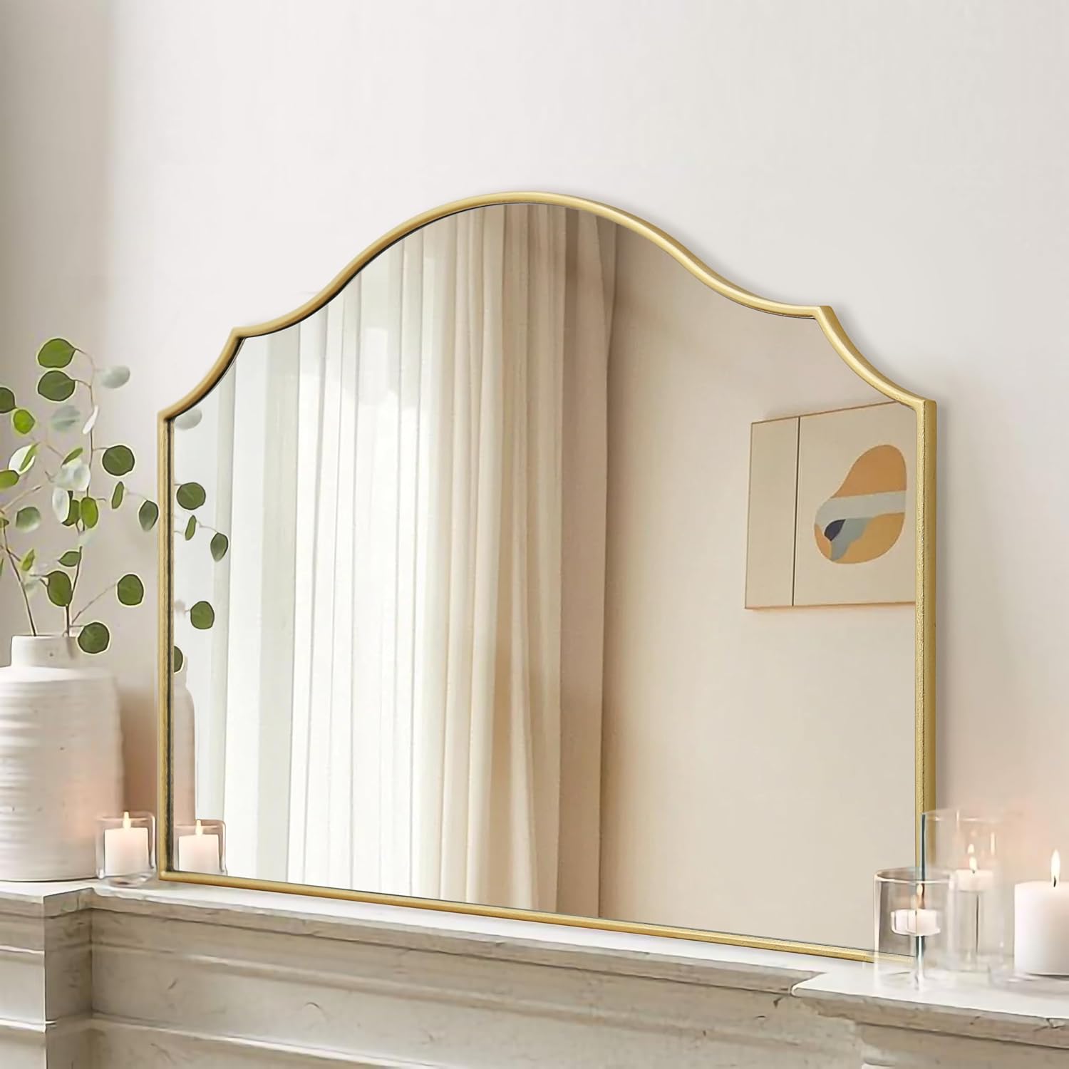 Besdomus Gold Scalloped Dresser Mirror: 35″x26″ Wooden Bathroom Mirror | Modern Minimalist Decorative Arched Wall Mirror for Vanity/Mantel/Bedroom/Entryway/Fireplace/Nightstand/Dining Room/Over Sink