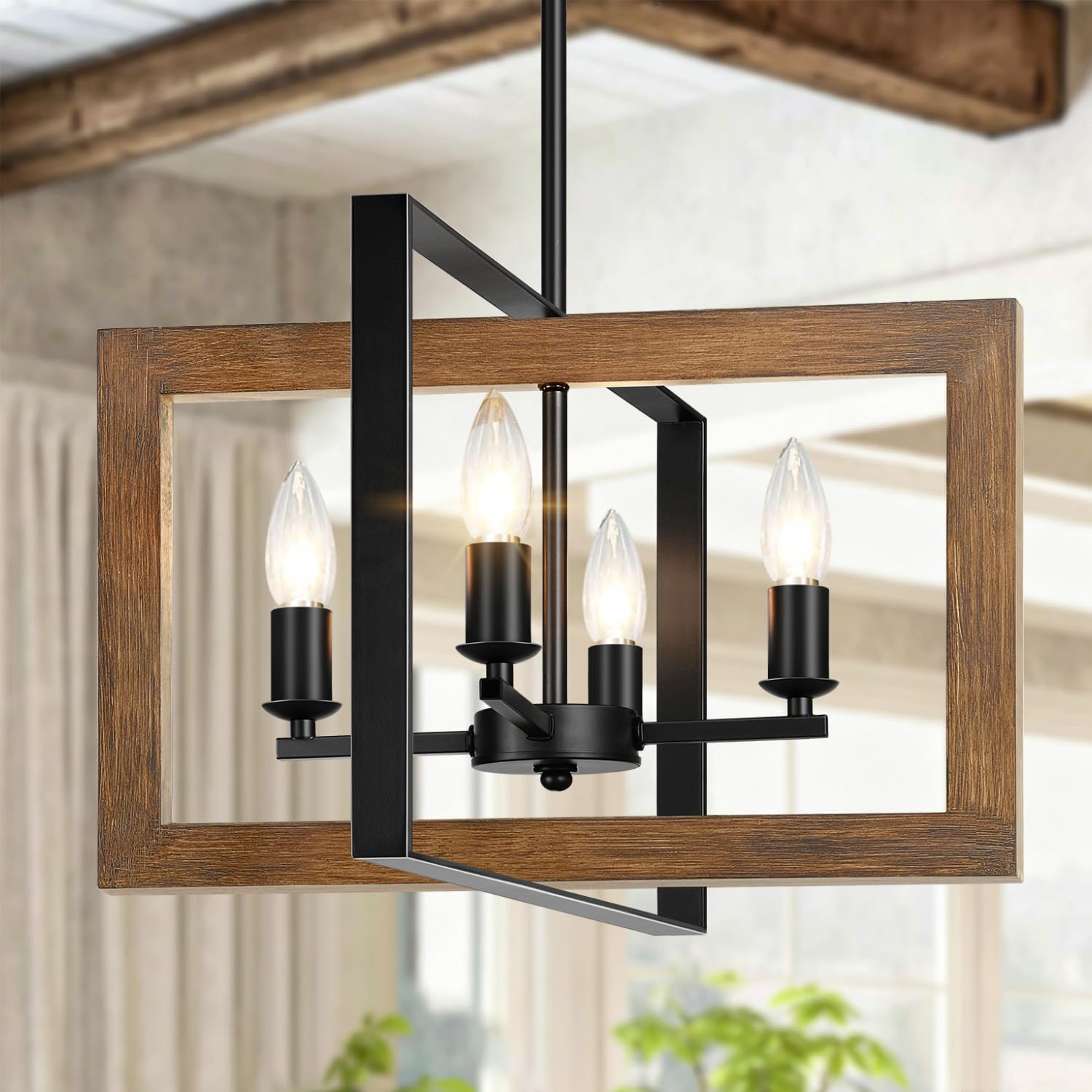 11.3″-55.3″ Height Adjustable Farmhouse Real Wood Chandelier, No Assembly Required 4-Light Rustic Dining Room Light Fixture Over Table, Hanging Chandelier for Kitchen Living Room Foyer Entryway