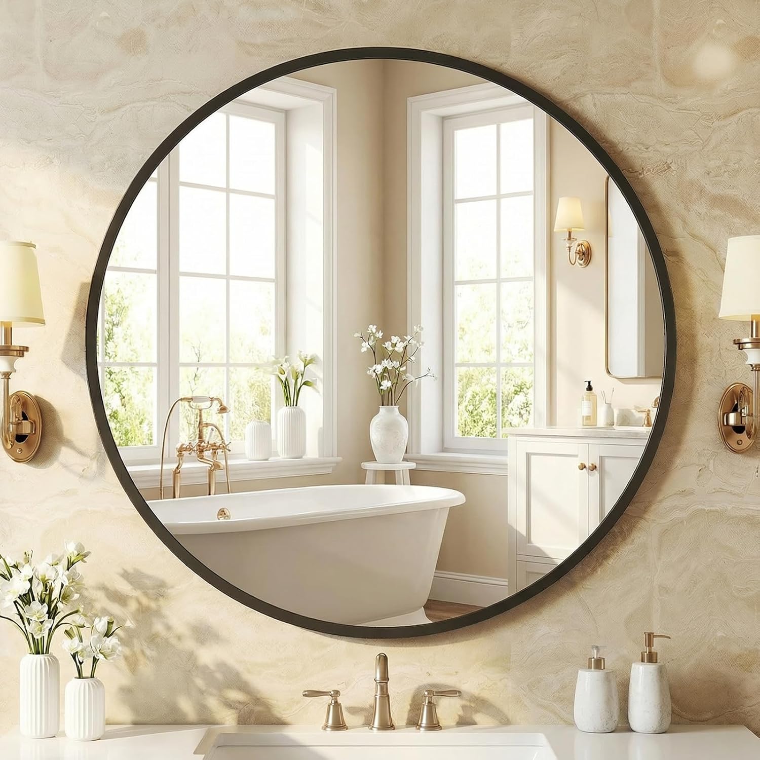 NEWBULIG 30 Inch Round Wall Mirror, Bathroom Mirrors for Over Sink, Matte Metal Framed Circle Vanity Mirror, Wall Decor for Bedroom, Entryway, Anti-Rust, Tempered Glass, Hanging or Leaning, Black | Metal Framed Circle Vanity Mirror, Wall Decor for Bedroom, Entryway, Anti-Rust, Tempered Glass, Hanging or Leaning, Black