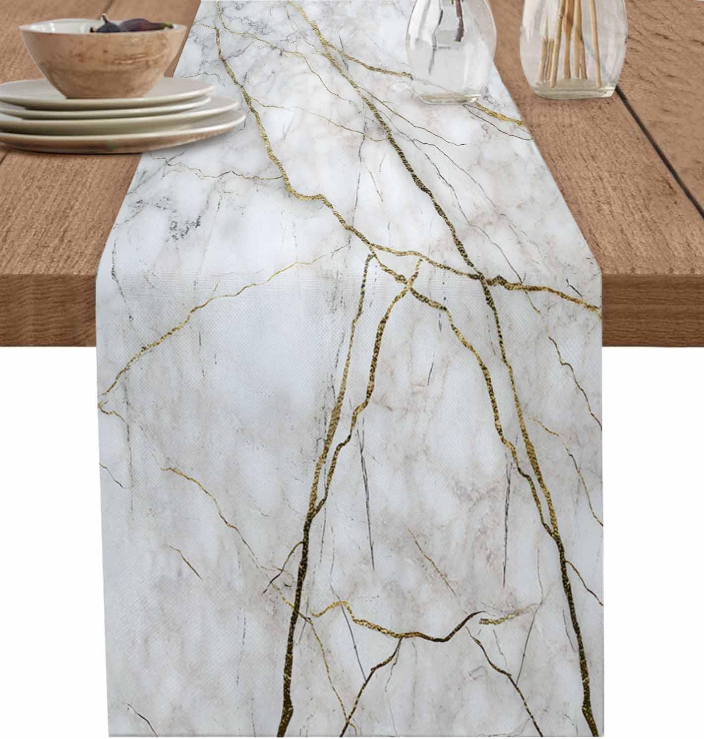 Marble Table Runner-Cotton Linen-Long 108 inche White Gray Gold Dresser Scarves,Texture Tablerunner for Kitchen Coffee/Dining/Sofa/End Table Bedroom Home Living Room,Scarf Decor for Holiday Dinner
