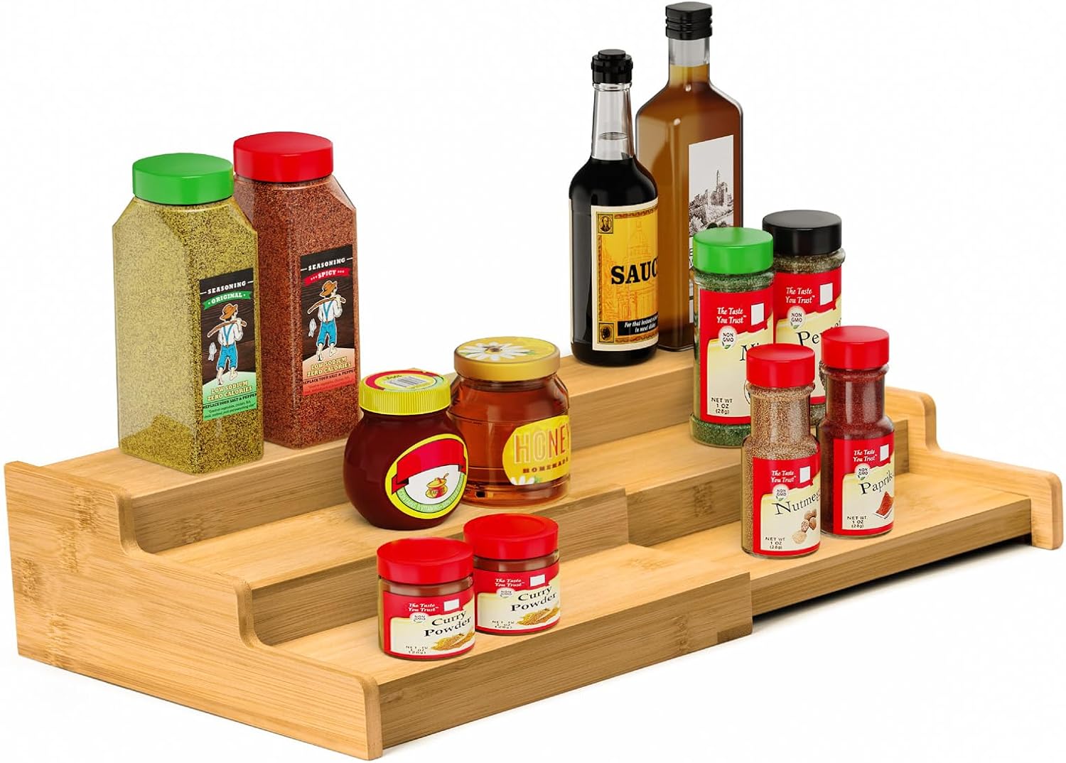 Spice Rack 3-Tier Natural Bamboo, Adjustable Cabinet Organizer Shelf | Expands 8.7-15.6″cabinets. Stepped design, labels visible.Storage organizer saves space, easy wipe. For spices, jars,cans.