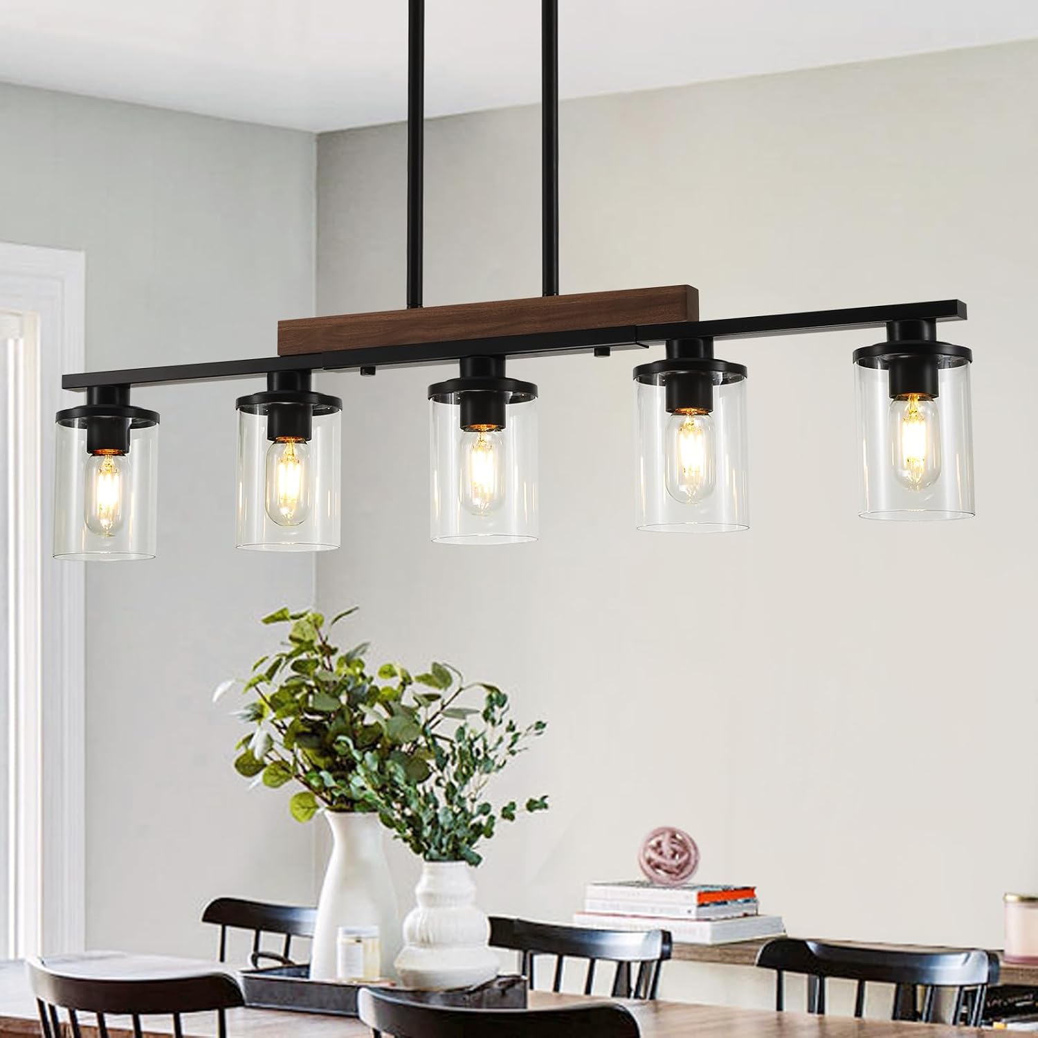 36.2‘’ Kitchen Lighting, 5-Light Dining Room Light Fixture Chandelier Over Table, Black Modern Rustic Wood Ceiling Pendant Light Fixtures, with Clear Glass Shade, Farmhouse Chandelier | 5-Light, Modern Rustic Wood Frame, Adjustable Height, Clear Glass Shade, Ceiling Pendant Lighting for Kitchen Island
