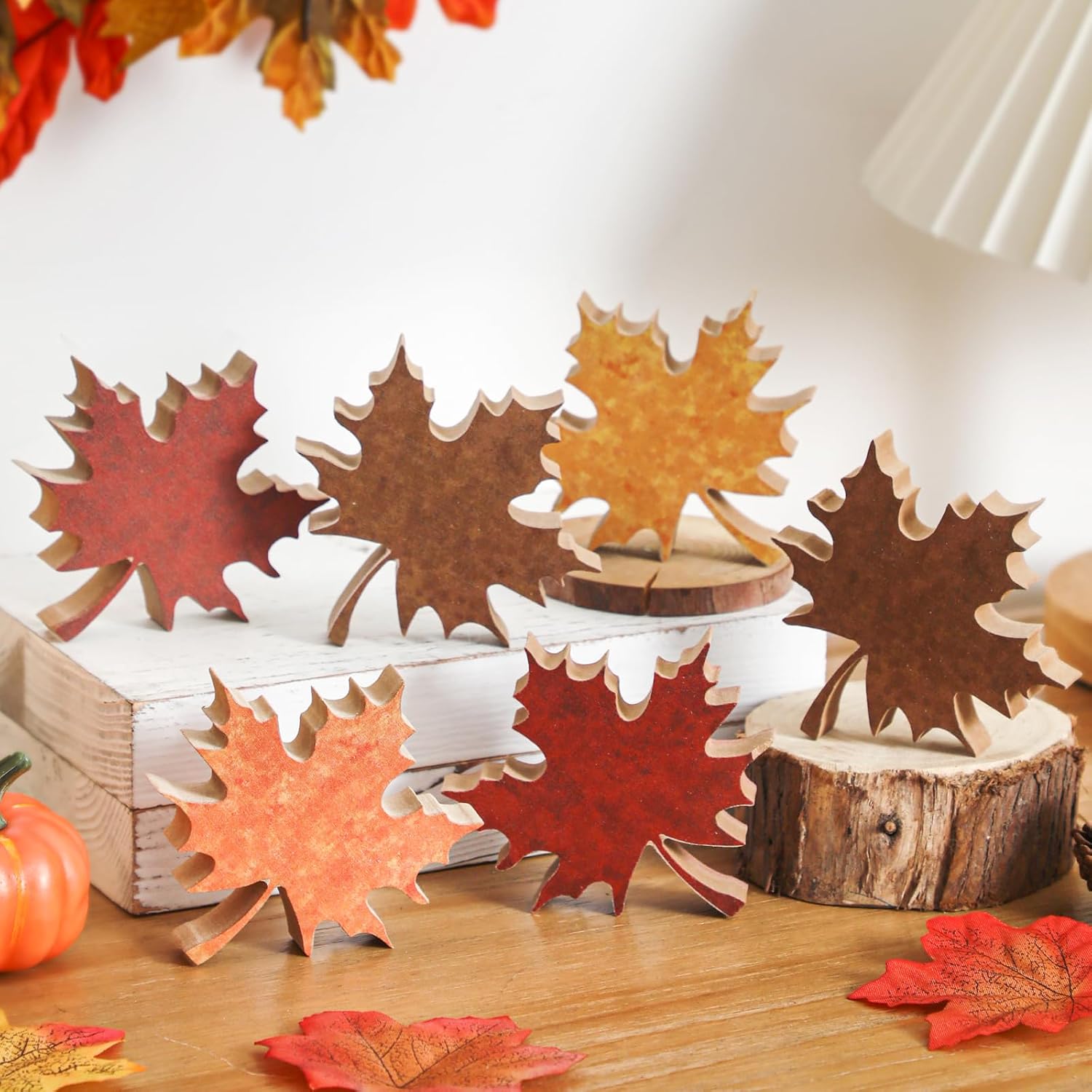 6PCS Fall Leaves Tiered Tray Decor Wooden Leaf Decorations for Home | Thanksgiving Farmhouse Table Centerpiece Shelf Tabletop Maple Leaf Blocks for Autumn Set of 6