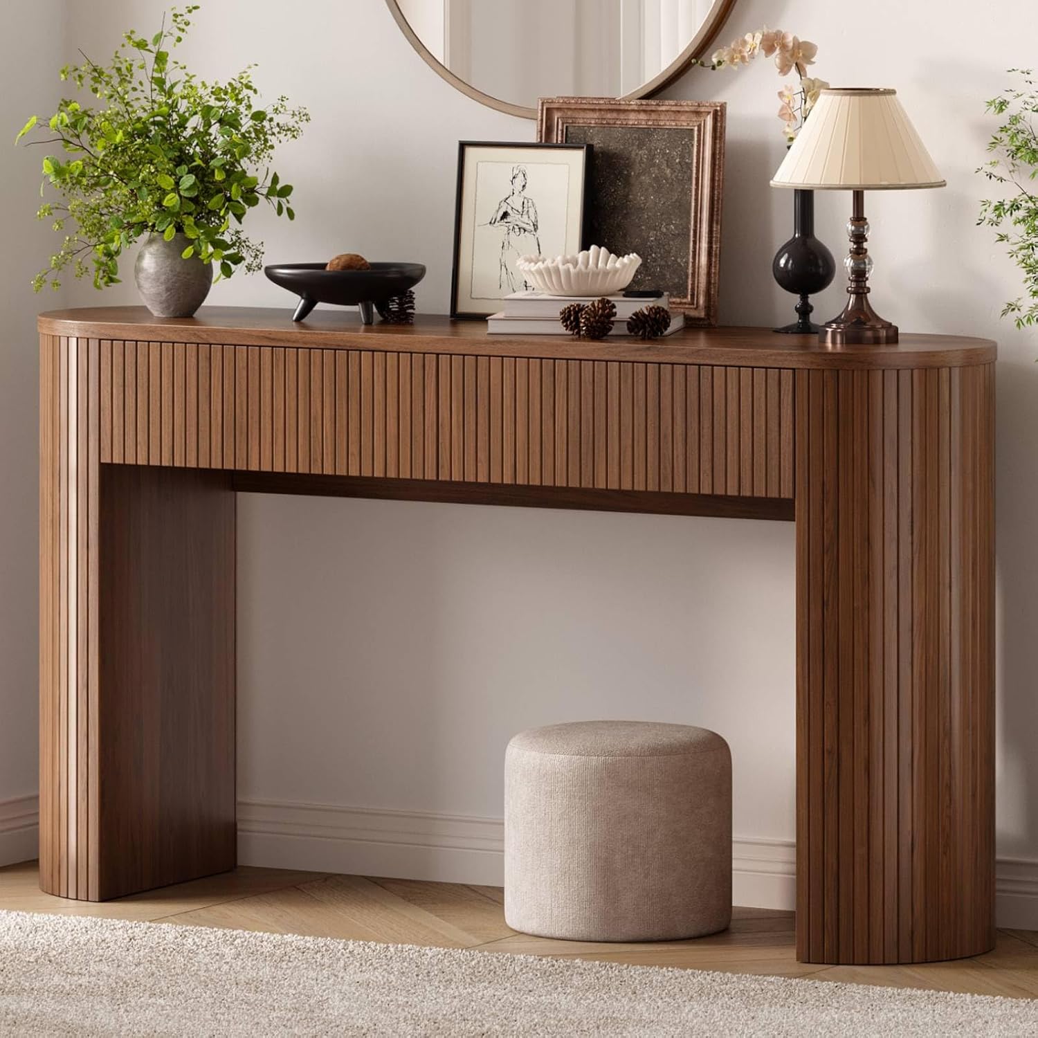 55 Inch Console Table with 2 Drawers, Entryway Tables with Storage,Walnut | Fluted Sofa Table Behind The Couch, Hallway Tables, Mid-Century Modern Foyer Table for Entryway, Hallway, Living Room