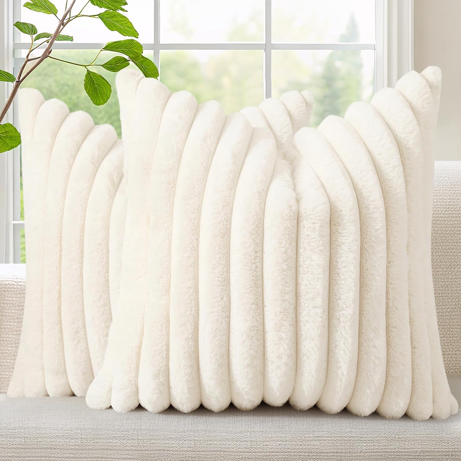 decorUhome Fall Cozy Faux Fur Throw Pillow Covers 18×18 Set of 2 Decorative Soft Plush Striped Modern Farmhouse Boho Couch Pillow Cases with Velvet Back for Sofa Bed Living Room, Cream White