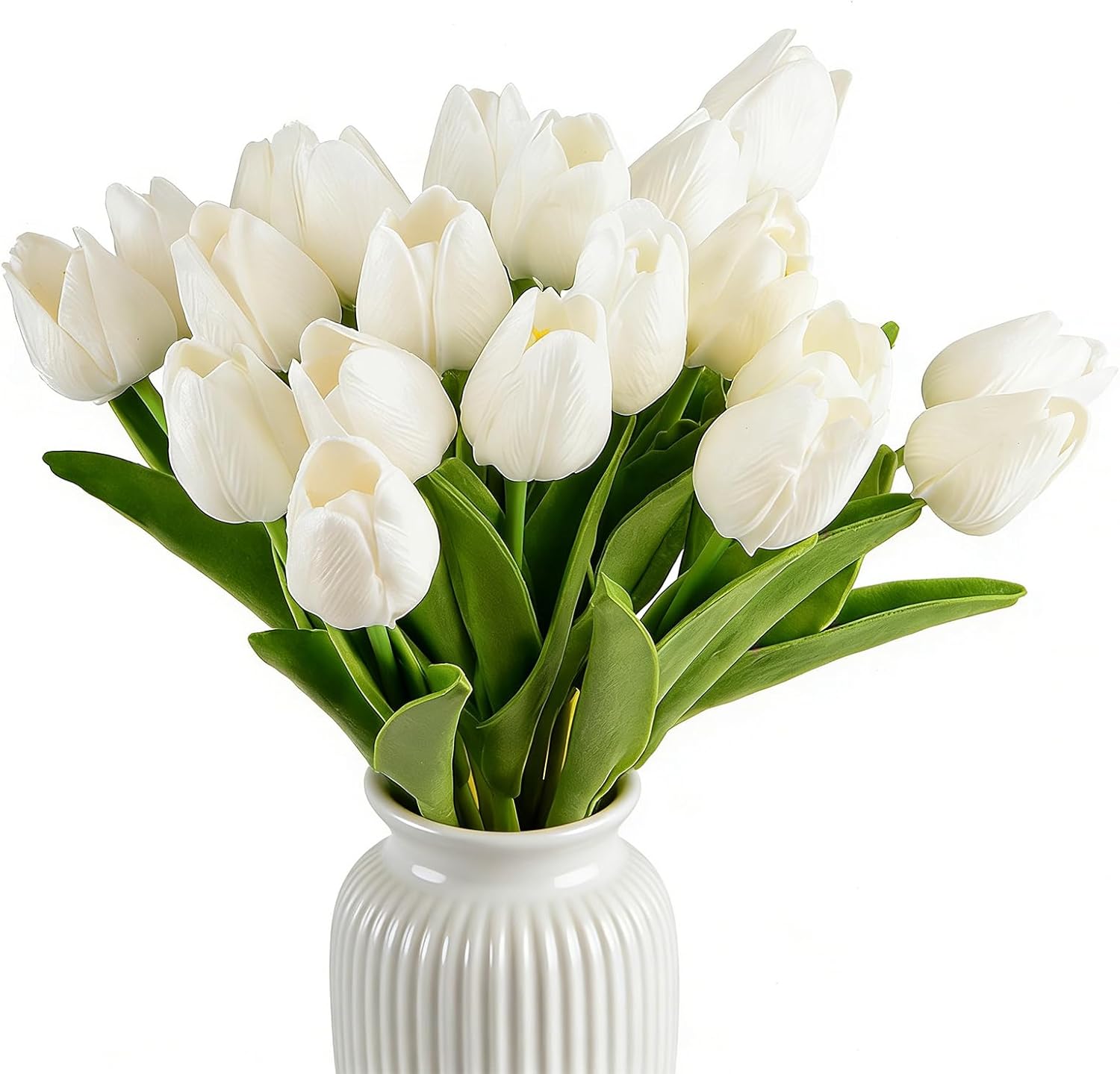 Artificial Tulips Bridal Wedding Festival Decor Bouquet Real Touch PU Flower Bouquet Pack of 20 (White) | 13.8 in bendable wire stems, 1.96 in flower heads, PU petals, for wedding home home festival decor
