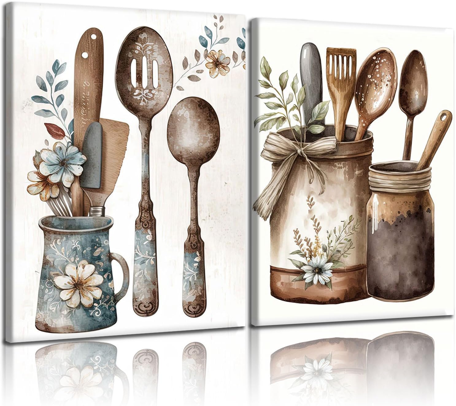 Doqueodas 2Pcs Vintage Country Style Kitchen Canvas Wall Art 12×16 Inch | Framed Kitchen Utensils Still Life Painting Images Rustic Farmhouse Tableware Jars Poster for Kitchen/Dining Room Wall Decor