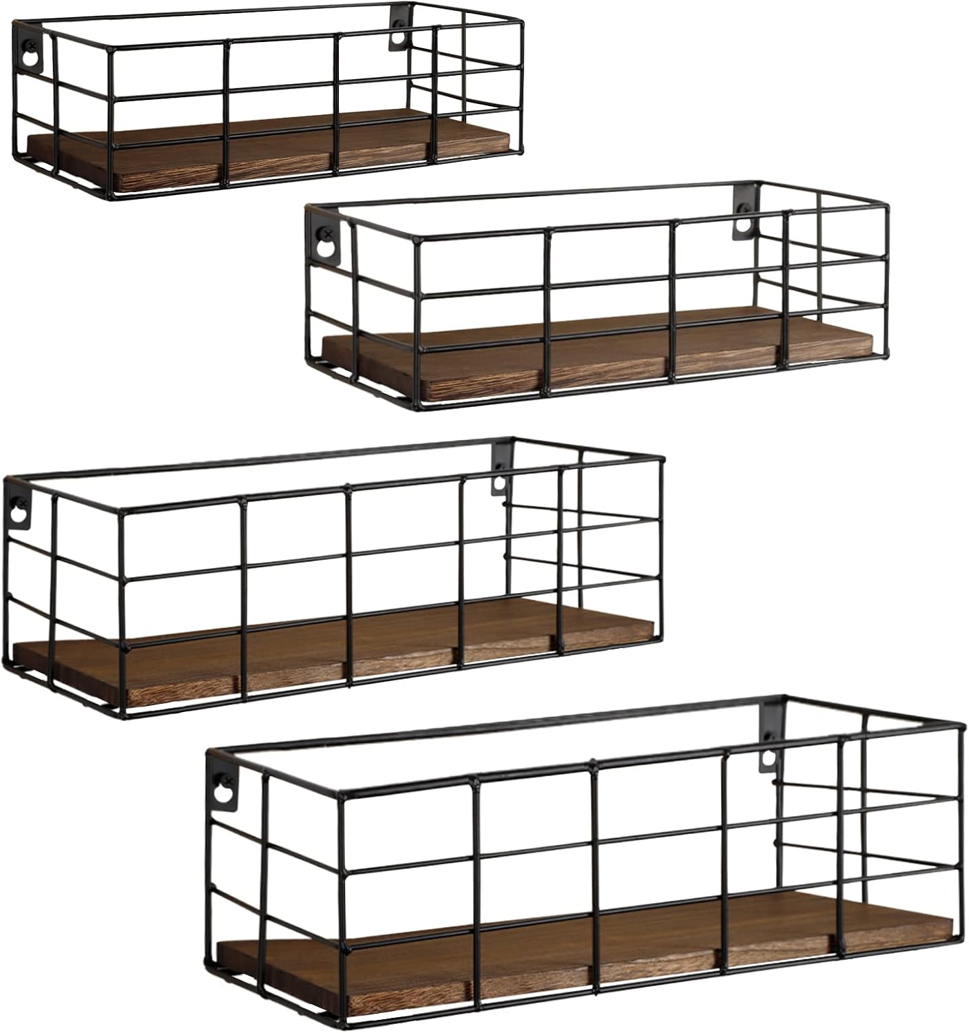 Fixwal Wire Frame Floating Shelves for Wall 4 Different Sizes, Paulownia | Carbon Black Floating Shelves with Guard Rails, 4 Sizes, Quick Mount, Keeps Items Safe, For Any Space