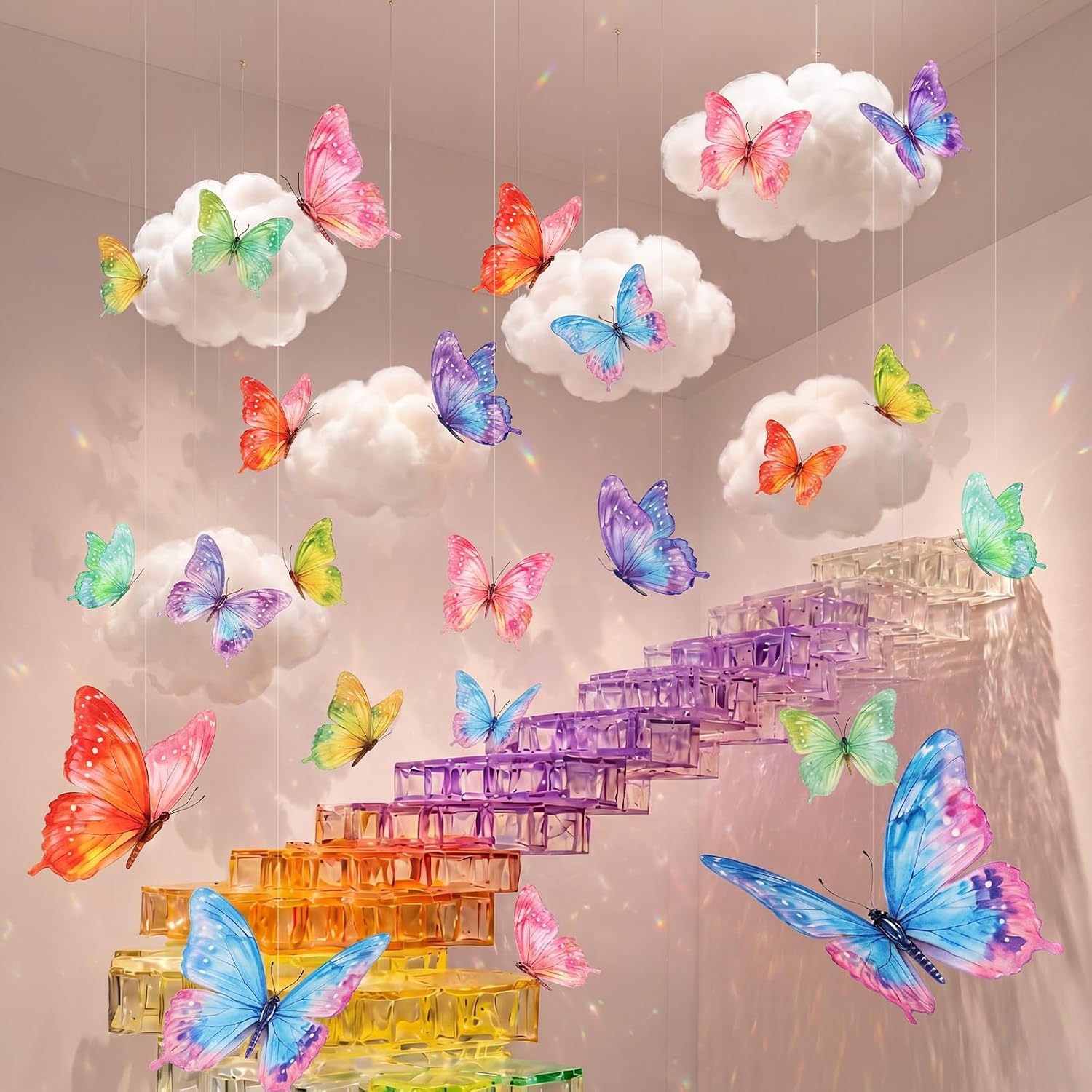 Yinder 30 Pcs Large Butterfly Party Decorations Set Pastel Hanging Butterflies 3D White Cloud Decorations for Summer Birthday Wedding Baby Shower Nursery Ceiling Wall Room Decor