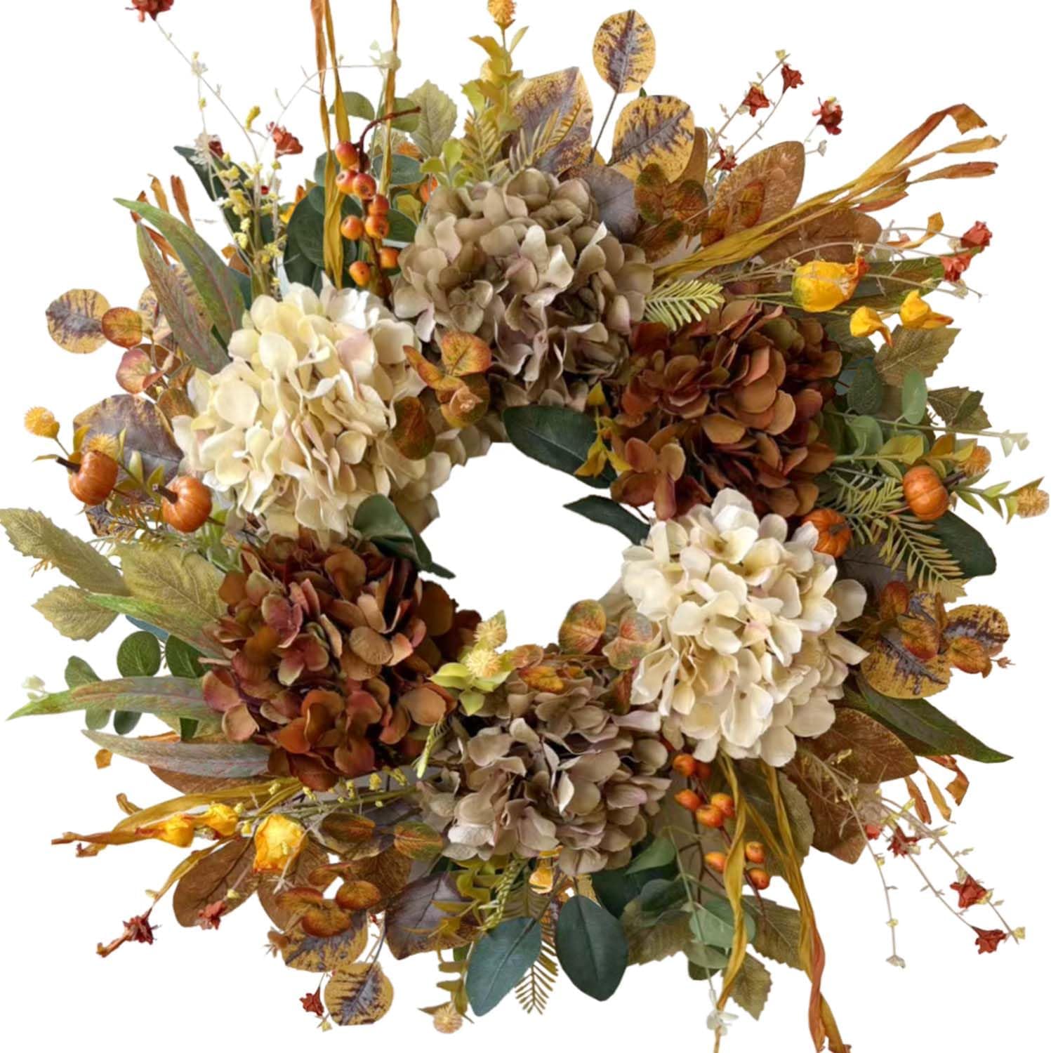 WANNA-CUL 24 Inch Fall Wreaths for Front Door with Hydrangea,Mini Pumpkins | Twig Base Rustic Autumn Wreath,Thanksgiving Farmhouse Decor, Fall Decorations For Home, Indoor Outdoor Halloween Harvest Gift
