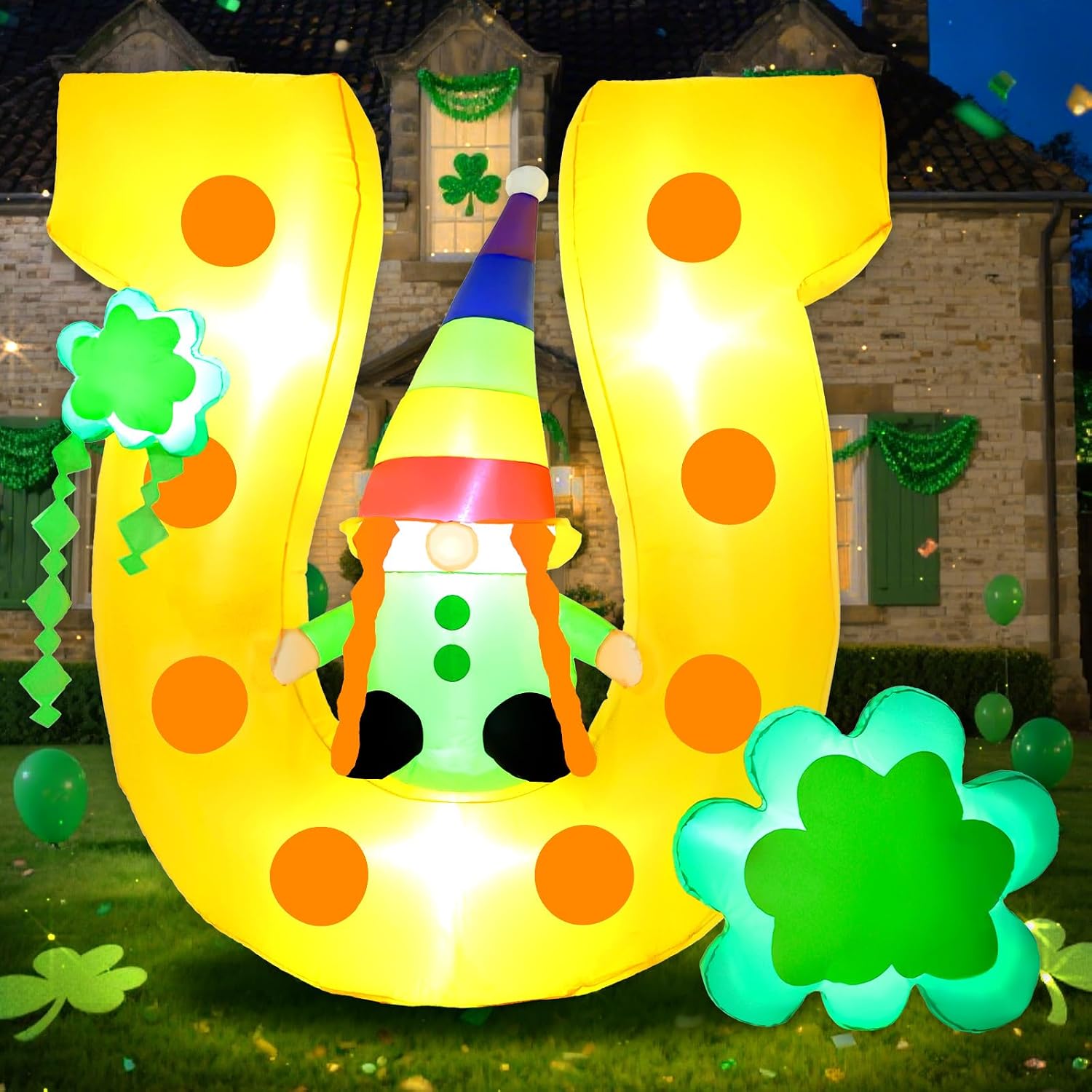 4.9FT St Patricks Day Inflatables Outdoor Decorations Blow Up Gnome Sits on Lucky Horseshoe Arch with Shamrock LED-Lighted Décor Leprechaun for Yard Lawn Garden Party Holiday