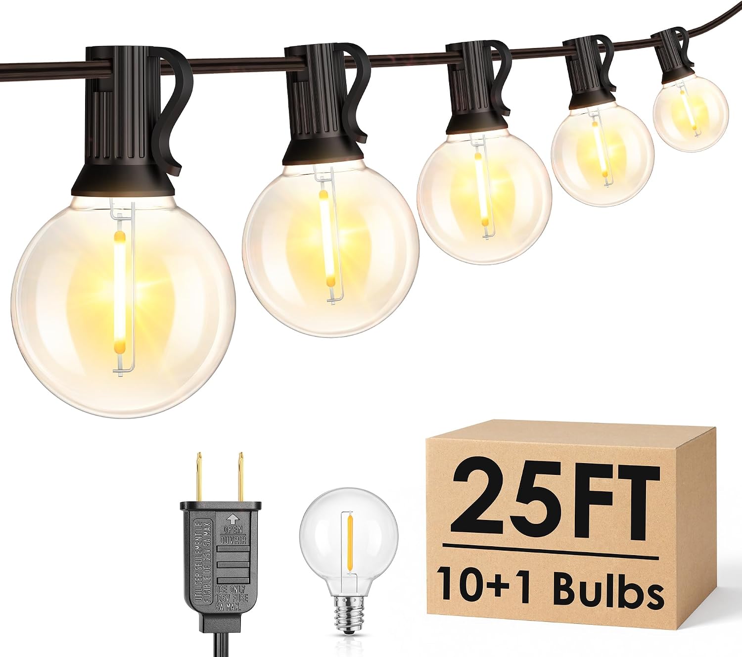 Mlambert 25FT G40 LED Outdoor String Lights, Plug-in Waterproof Patio Lights with 10+1 LED Bulbs, Porch Balcony Lights for Backyard Party Decor, Black