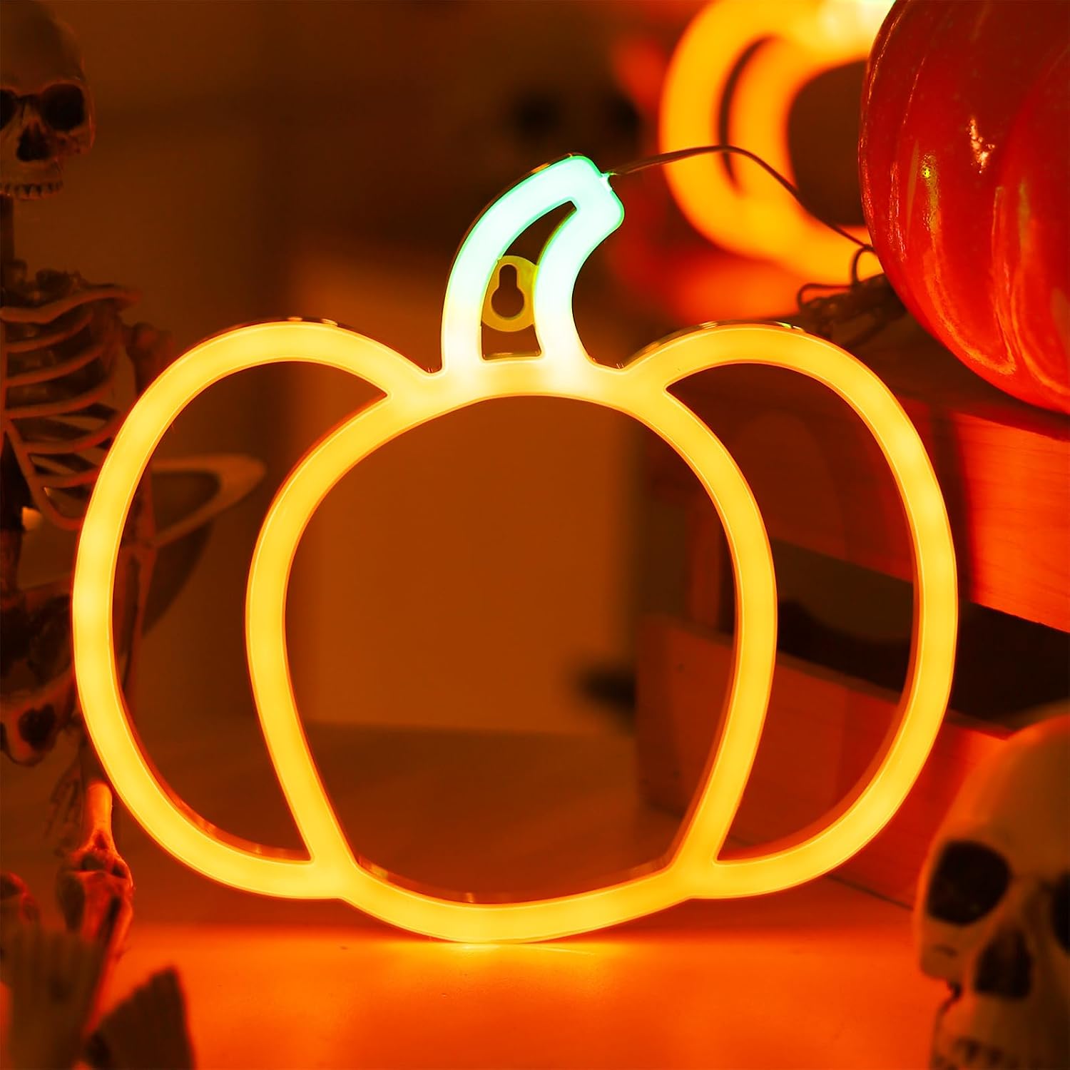 Halloween Fall Decorations Pumpkin Lights, Orange Green Neon Signs Lights, Battery Operated or USB, Indoor Cute Vintage Autumn Thanksgiving Decor for Gifts, Window, Room, Home, Table, Bedroom, Wall