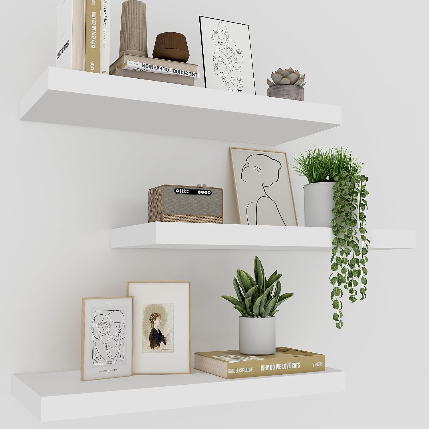 Upassion White Floating Shelves – Set of 3, 16″ Wall Mounted Shelves for Home Decor, Living Room, Bedroom, Bathroom, Kitchen