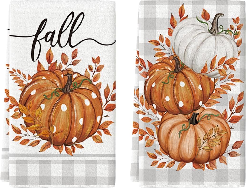 Artoid Mode Orange Pumpkin Leaves Fall Kitchen Towels Set of 2 18×26 Inch | Thanksgiving Autumn Buffalo Plaid Hand & Dish Towels,Ultra Absorbent,Seasonal Farmhouse Decoration