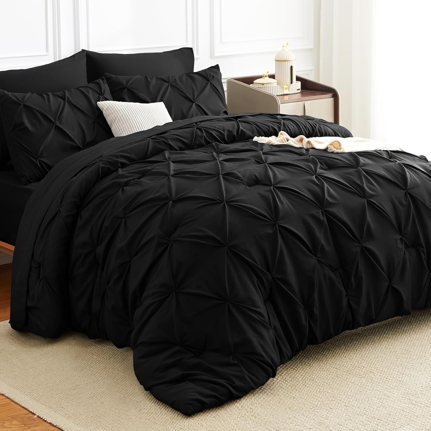 HIMEET Queen Comforter Set Black – 7 Pieces Pintuck Bed in a Bag, Pinch Pleat Modern Room Decor, All-Season Soft Bedding Gift with Comforter, Sheets, Pillowcases & Shams