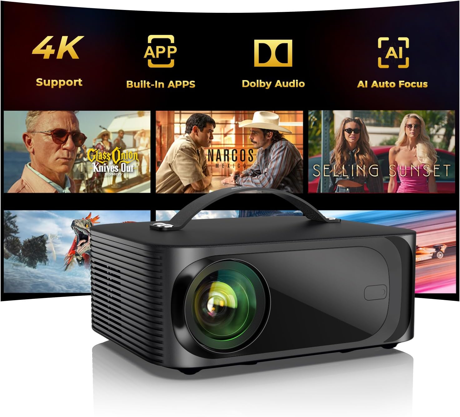 ONOAYO Outdoor-Projector-4K with AI Auto Focus,50WDolby Audio,Built-in Apps | 3000 Bright, Smart OS 2.0, Movie Projector with WiFi Bluetooth, ONO3Pro 2.0 Portable Proyector for Bedroom/Ceiling/Camping
