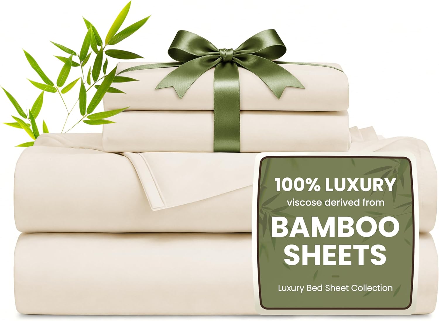 Love’s cabin 4 Piece Queen Sheet Set, 100% Rayon Derived from Bamboo, Cooling & Breathable, Soft Silky Deep Pocket up to 16″, Hotel Luxury Bedding for Hot Sleepers, Beige