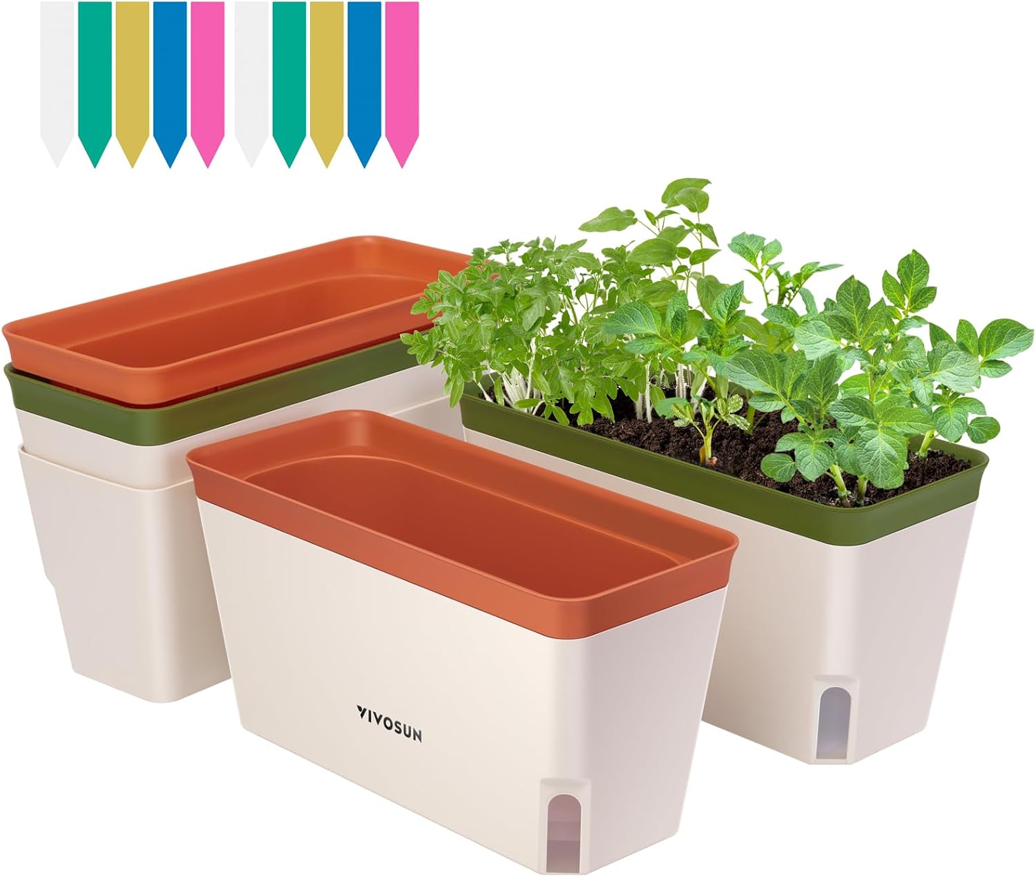 VIVOSUN Self-Watering Planters, 4-Pack 10.5 Inch Compact Rectangular Window Herb Planter Box with 10 PCS Plant Labels, Plant Container for Basil, Flowers, Succulents, Indoor & Outdoor | Compact Rectangular Planter Box with 10 PCS Plant Labels, Plant Container for Basil, Flowers, Succulents, Indoor & Outdoor
