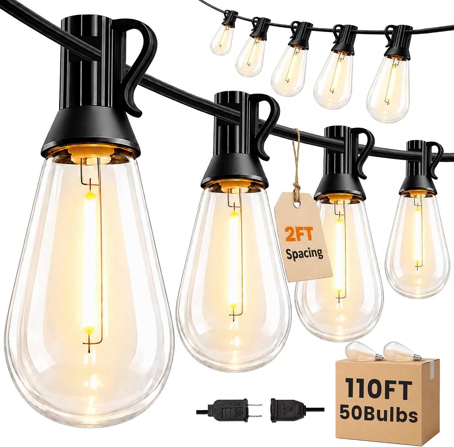Outdoor String Lights 110FT(100+10) Waterproof, 50 LED S14 Shatterproof Edison Bulbs, 2FT Spacing, Extension Cord, Connectable Plug in Hanging Patio Lights for Outside, Backyard, Warm White