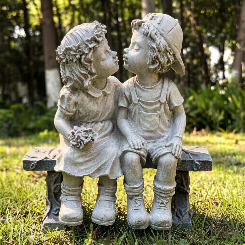 First Kiss Garden Outdoor Statue Decorative, Flower Bed Decor Puppy Love Kissing Couple, Boy and Girl Kissing Garden Figurine for Yard Patio Art