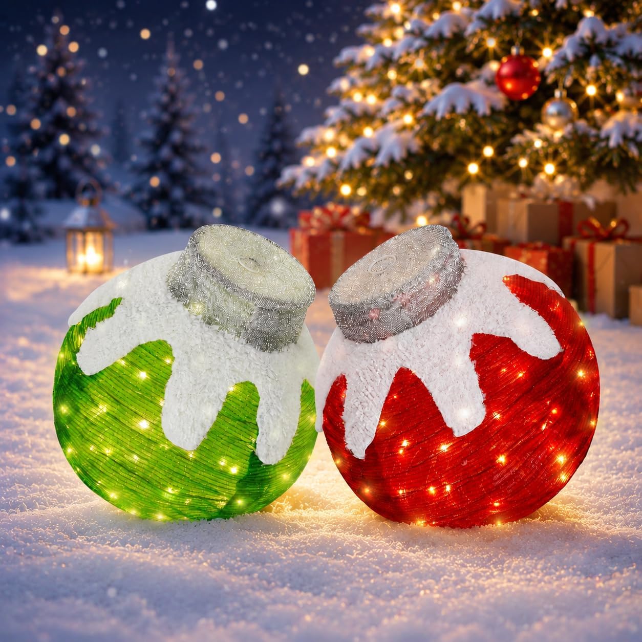 2 Pcs Outdoor Christmas Ornaments, Lighted Pop-Up Holiday Ball Decoration with 160 LED Lights, 8 Light Functions, Lighted Collapsible Christmas Outdoor Decorations for Yard, Patio, Home