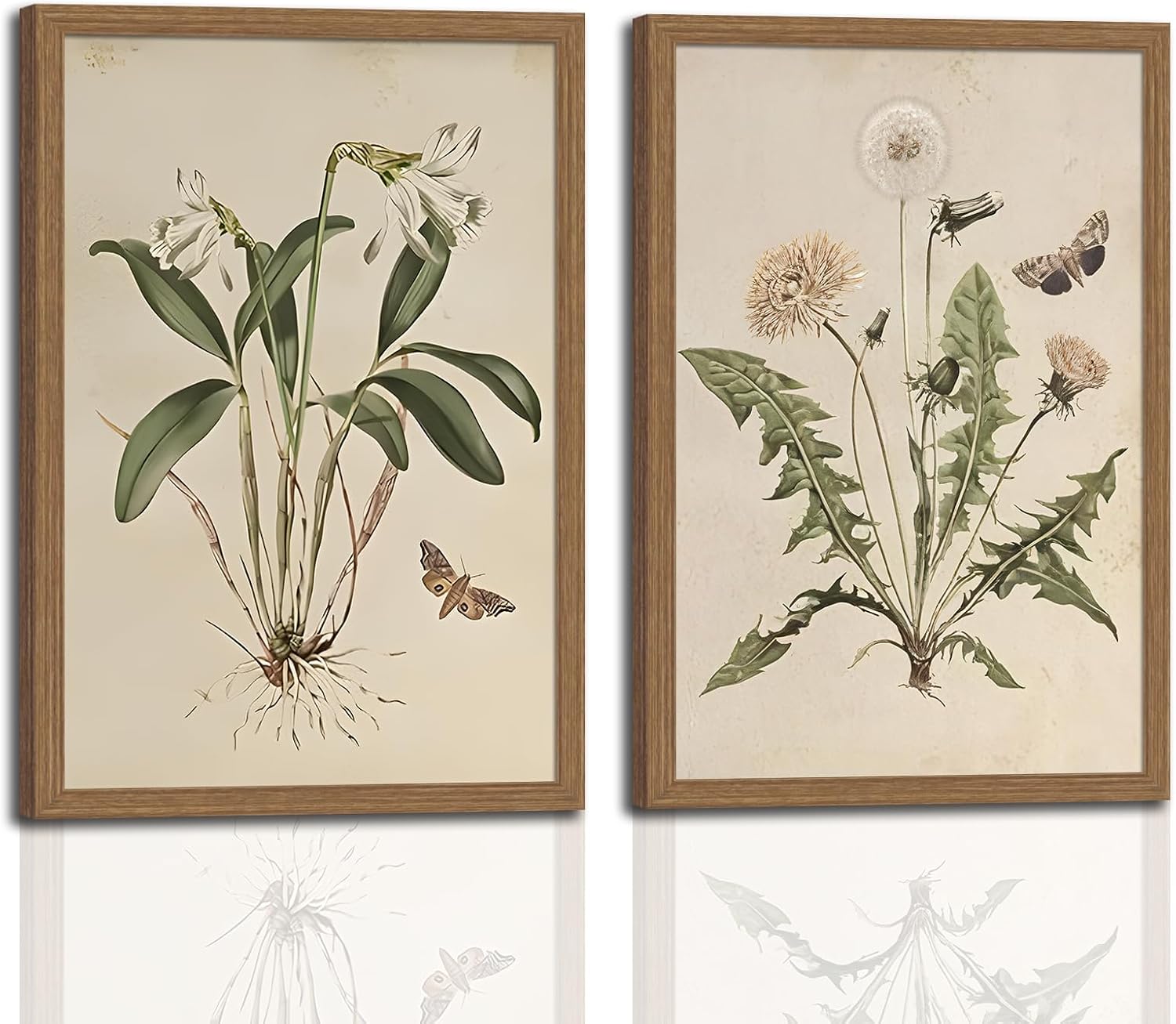 2ps Framed Botanical Wall Art Vintage Farmhouse Floral Canvas Painting Prints Artwork for Bathroom Walls Rustic Flower Butterfly Pictures for Kitchen Bedroom Hallway Home Decor 12x16in