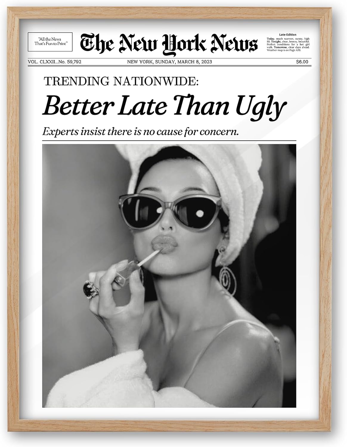 iHery 12x16in Audrey Hepburn Better Late Than Ugly Framed Bathroom Art | Natural OAK Wood Frame with Canvas Print, Vintage Fashion Wall Decor for Bathroom, Bedroom, Apartment and Girl Dorm, 1Pack