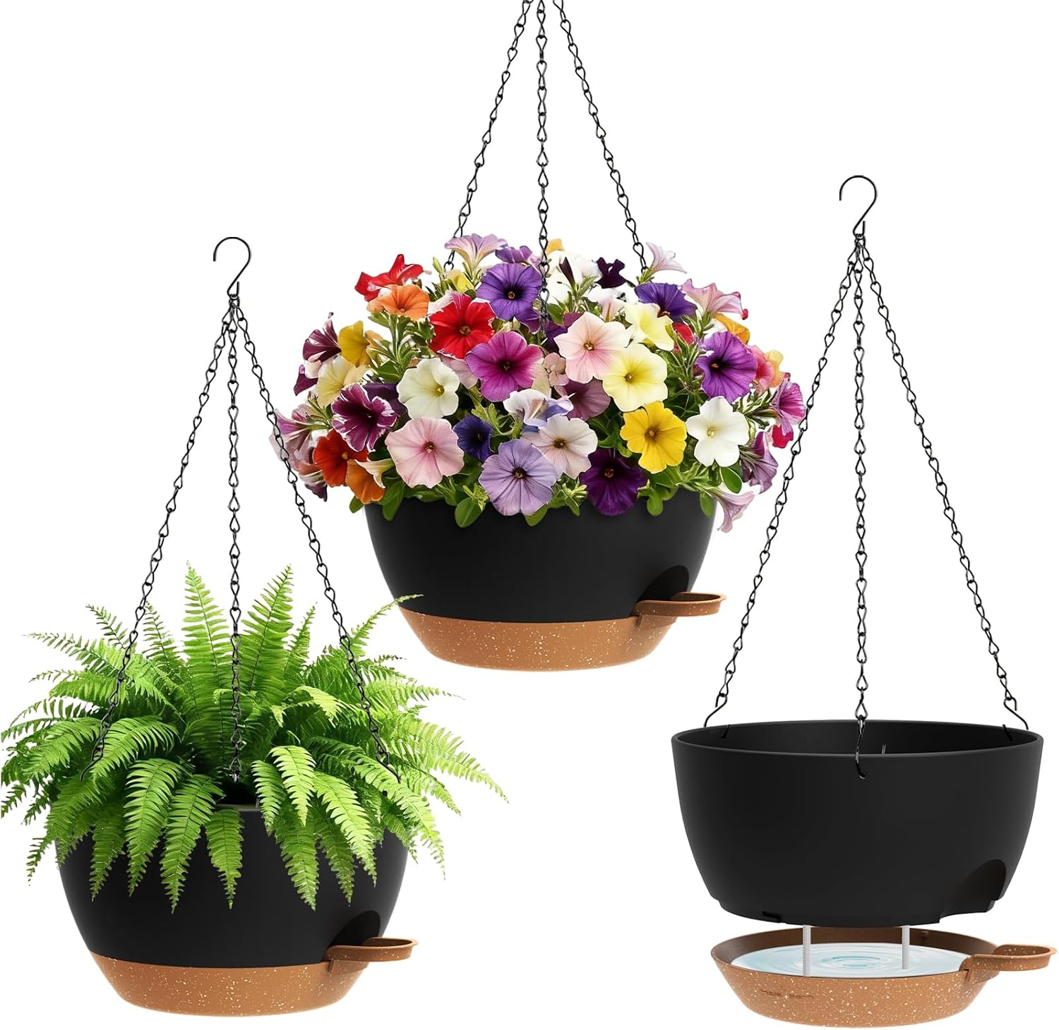 UOUZ Set of 3-10 Inch Self Watering Hanging Planters for Indoor Outdoor，Hanging Plant Pots with Drainage & Removable Tray, Hanging Pots Holder for Ivy, Pothos, Ferns, Balcony & Patio, Black with Brown