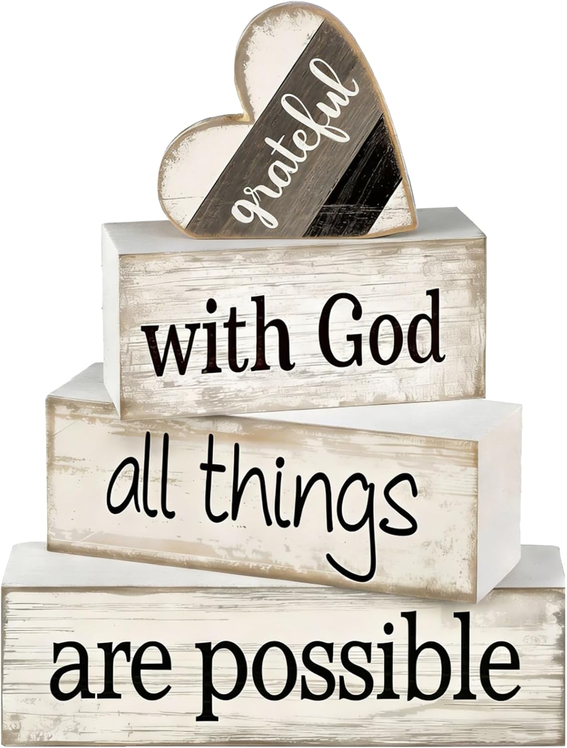 4 Pcs Christian Farmhouse Table Decor, Religious Wooden Farmhouse Tiered Tray Decorations with Heart Grateful Sign, With God All Things Are Possible Home Decor for Kitchen, Office, Mantel, Coffee Bar