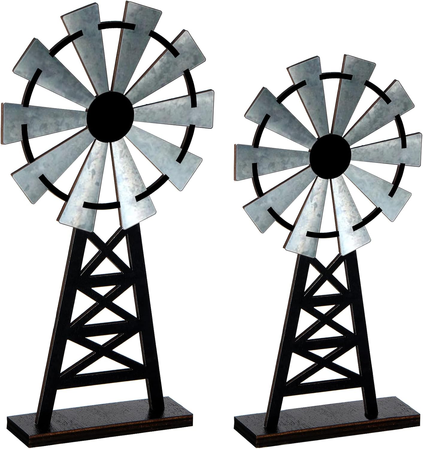 Set of 2 Wood Farmhouse Windmill Decor, Black Grey Rustic Table Top Decor | Distressed finish, kitchen garden shelf display, rustic windmill accent, home mantel centerpiece