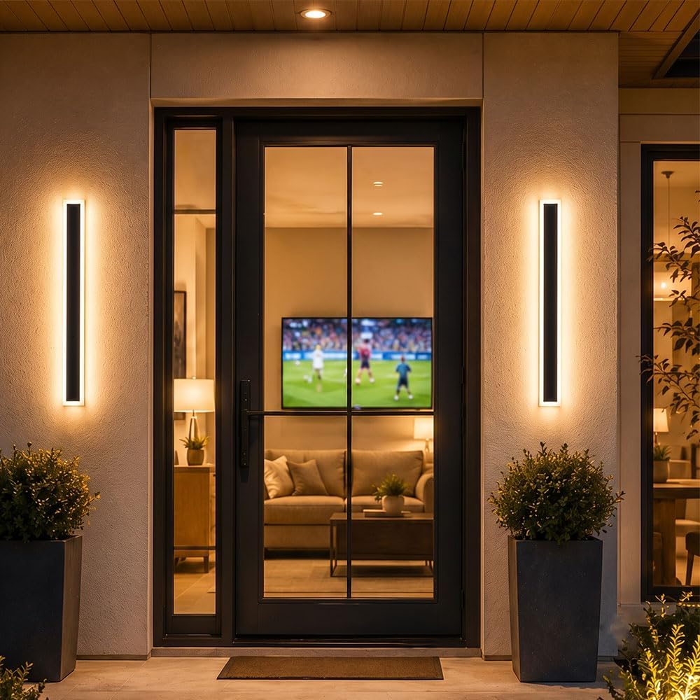 23.6″ Outdoor Wall Lights, 2-Pack Remote Dimmable Sconces | Adjust 3000K–6000K lighting by remote for a modern garage, patio, porch or front door upgrade