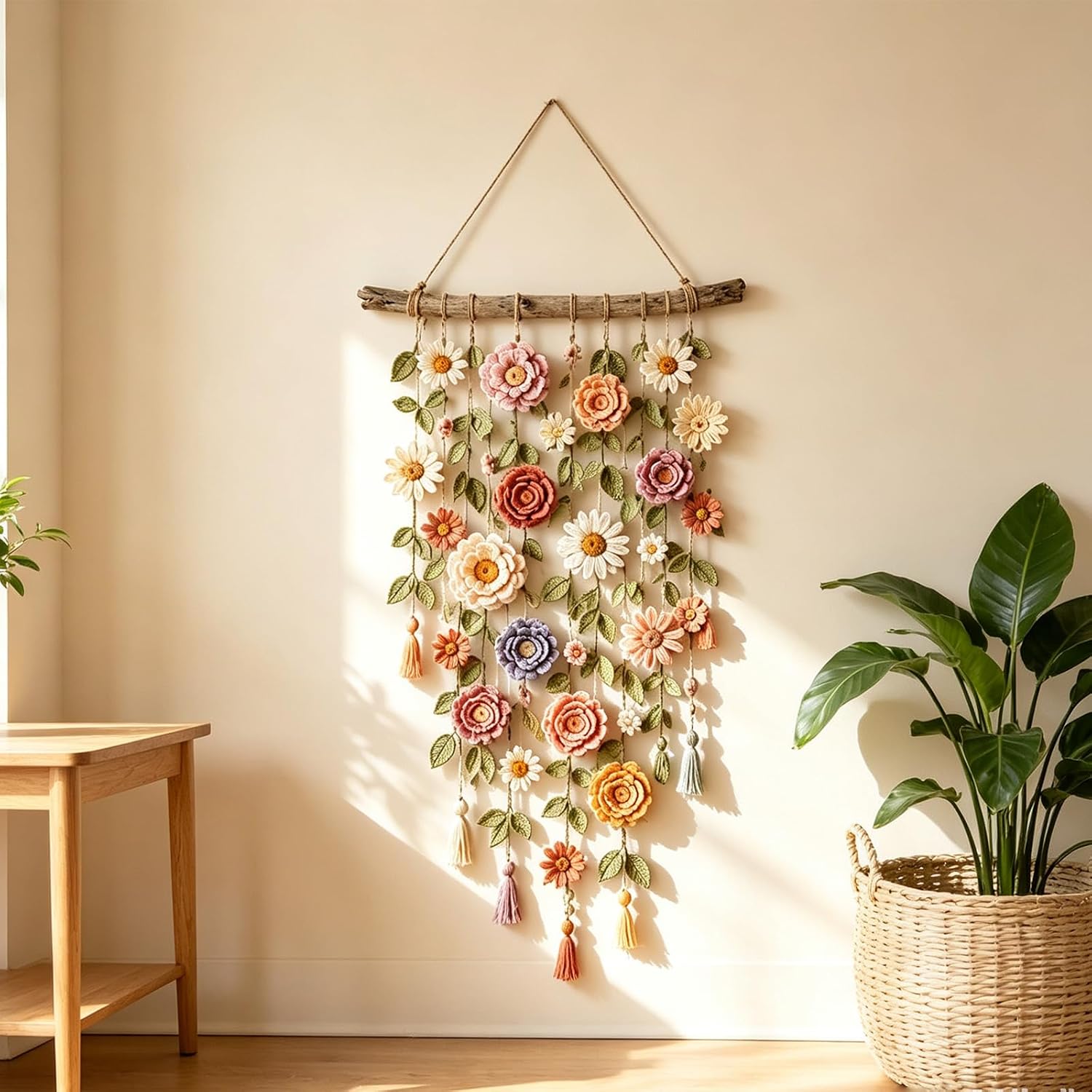 XIBHDN 2026 New Boho Crochet Flower Wall Hanging, Handmade Cotton Floral Macrame Decor with Cascading Flowers, Boho Farmhouse Wall Art