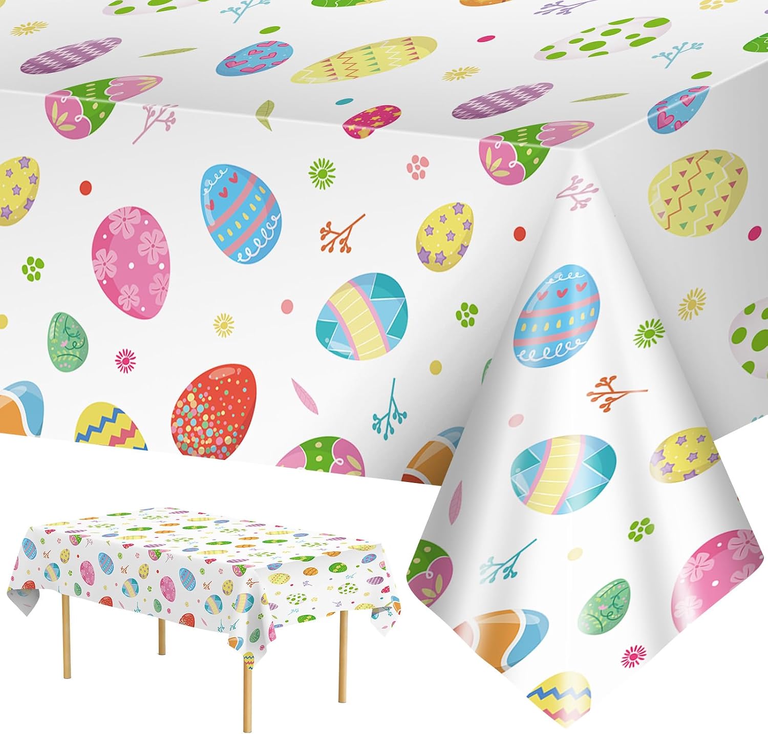 2 Pack Easter Tablecloth – Colorful Easter Eggs Table Cloth, Plastic Disposable Rectangle Spring Easters Egg Table Cover for Easters Tables Decorations and Party Supplies Decor Favors, 108 x 54 Inch