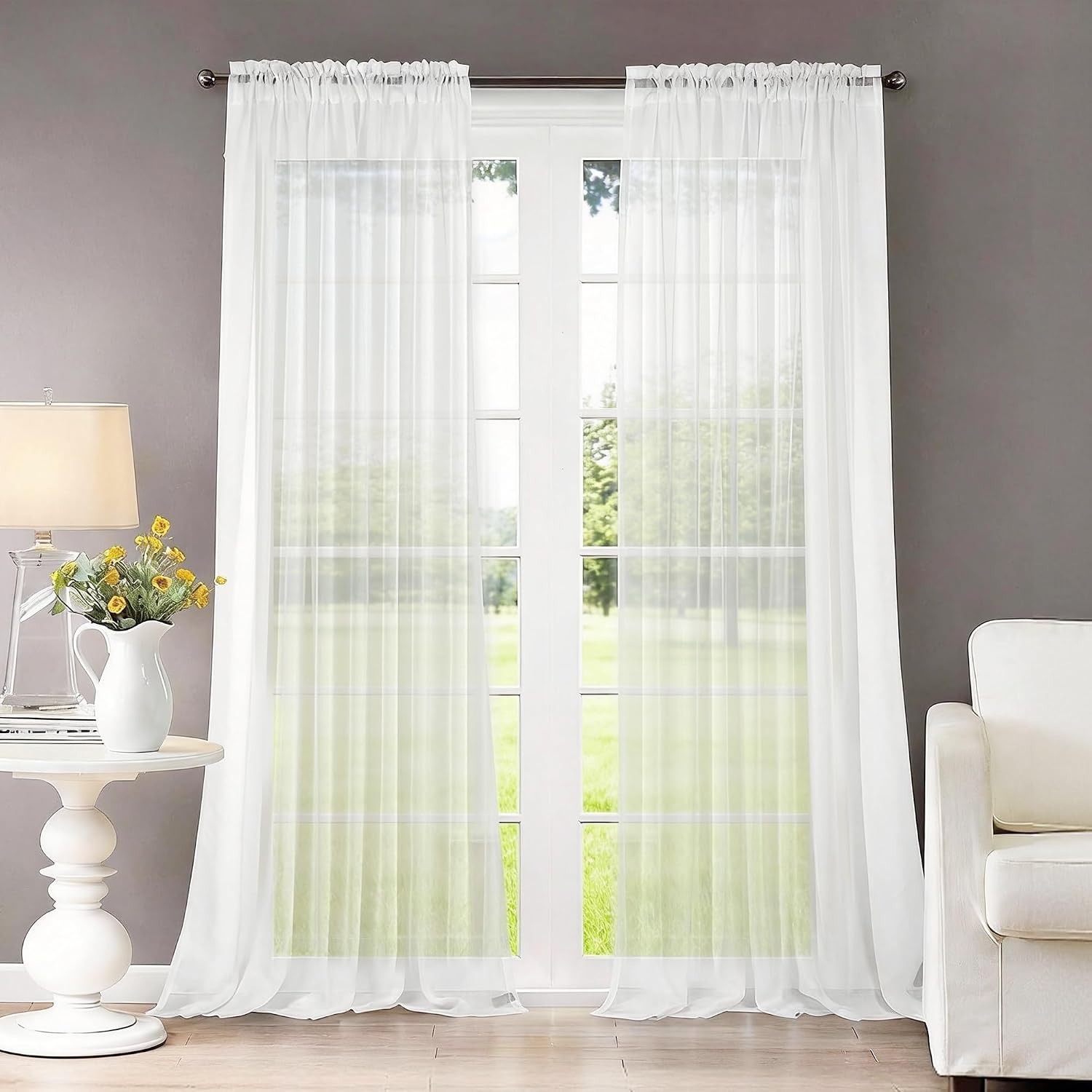 Dreaming Casa Solid Sheer Curtains Draperies White Rod Pocket 2 Panels 52″ W x 102″ L