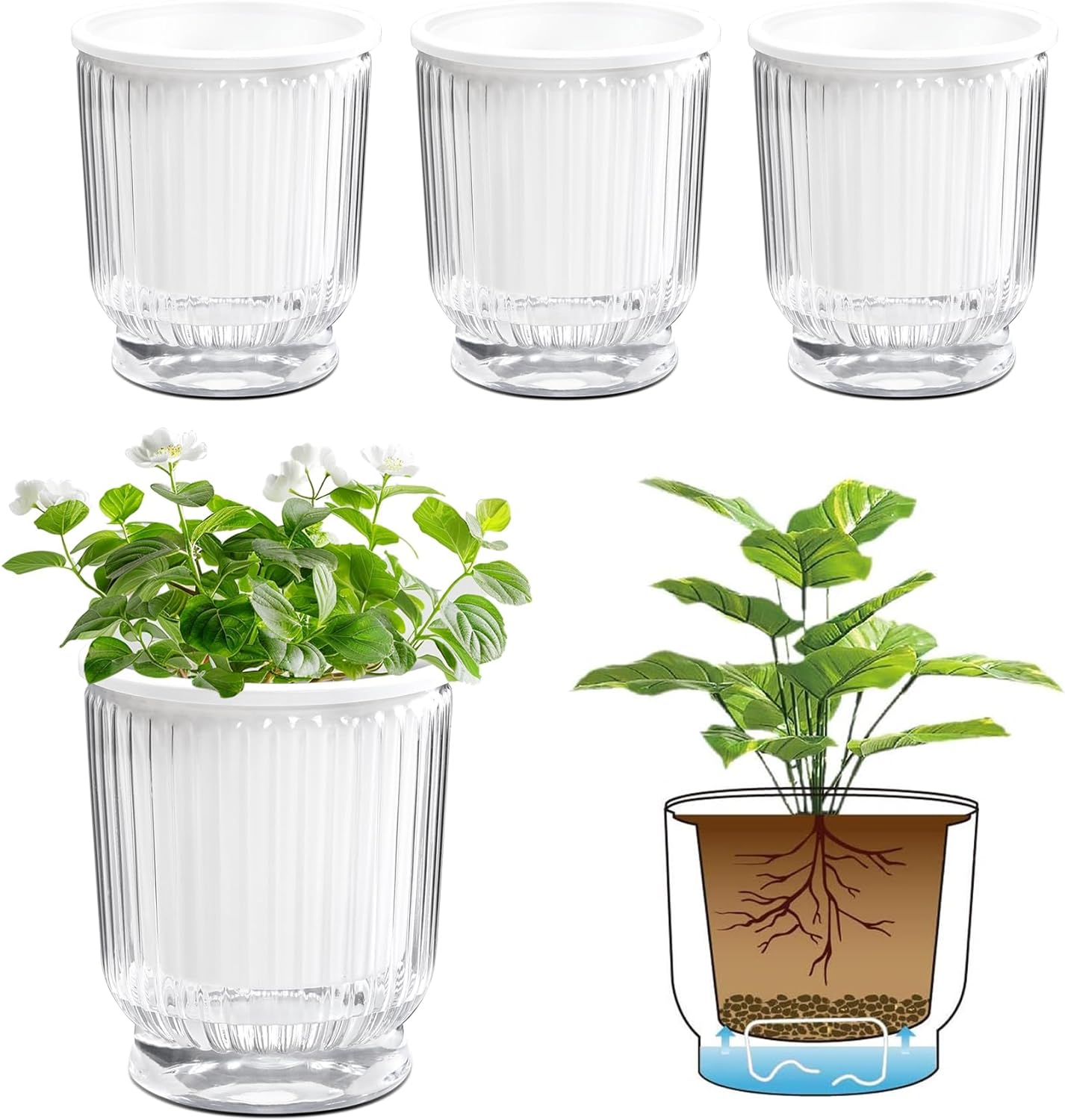 T4U Self Watering Pots for Indoor Plants 4.5 Inch 4 Pack Planter Clear | Visible water level indicator, African violet succulent herbs, Small desk windowsill, Easy care