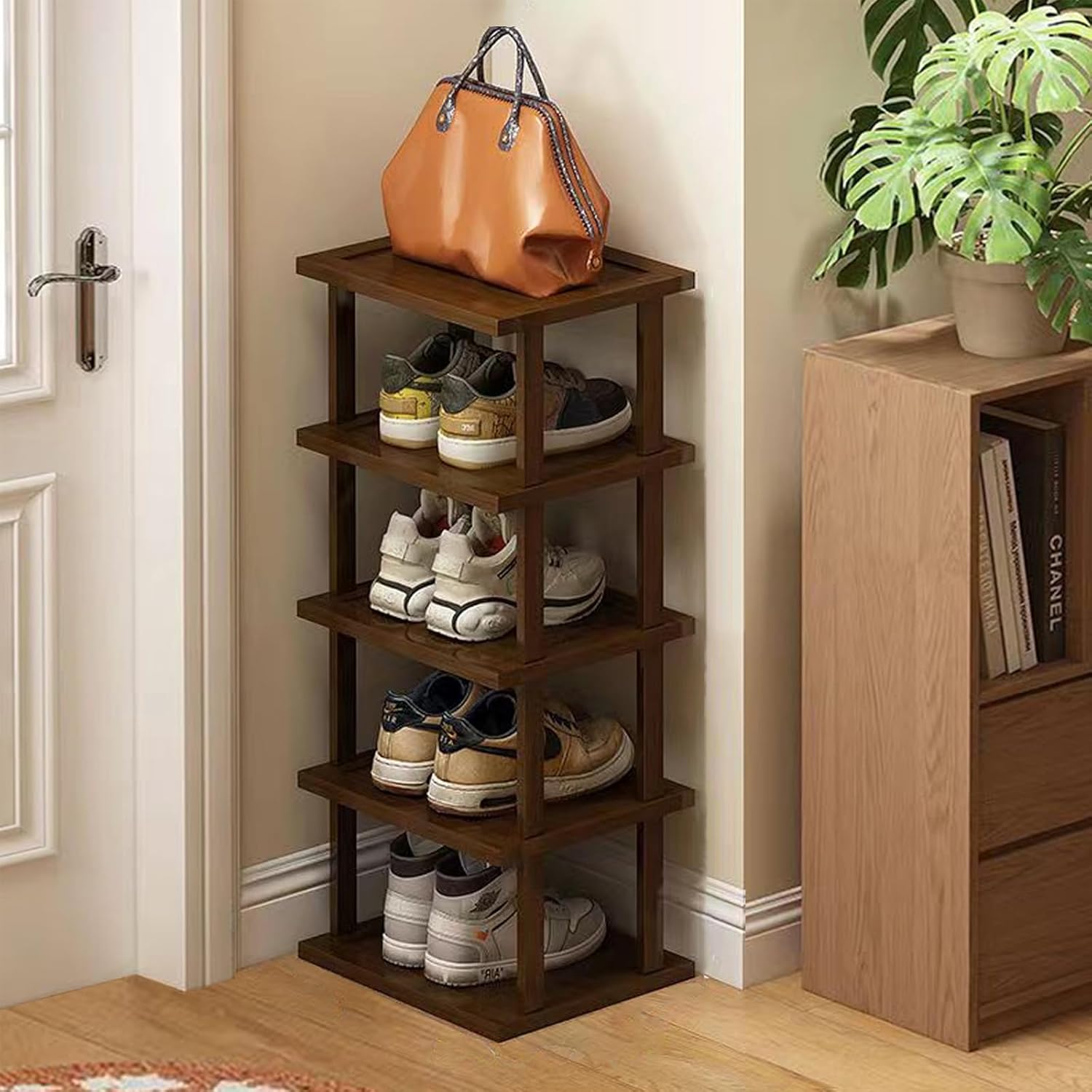 Vertical Shoe Rack – Tall Narrow Shoe Rack Organizer for Small Spaces,5 Tier Bamboo Shoen Shelf for Entryway,Closet,Corner,Doorway,Skinny Shoe Shelf Space Saving Shoe Storage,Free Stackable DIY