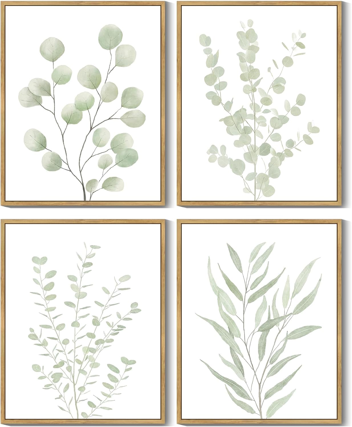 Drsoum Botanical Plant Framed Wall Art Boho Wall Decor for Bathroom Sage Green Eucalyptus Leaf Prints Minimalist Aesthetic Ready to Hang Set of 4, 8×10 in (Natural Framed)
