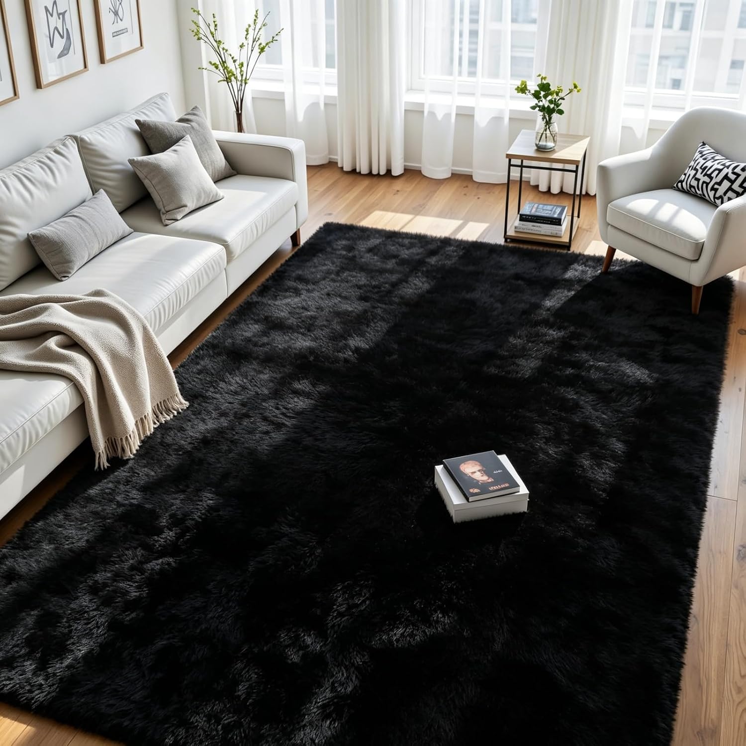 8×10 Area Rug for Living Room, Ultra Soft Fluffy Black Rugs for Bedroom, Non Slip Large Shag Carpet, Fuzzy Plush Nursery Rug, Thick Washable Indoor Floor Carpets for Kids Office Dorm Home Decor