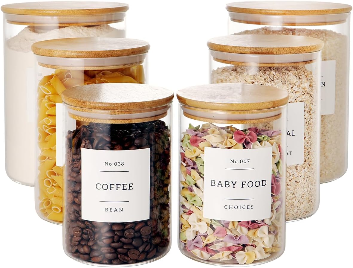 CZZGSM Set of 6 Glass Flour and Sugar jars with 132 Kitchen Pantry Labels – Thicken Large Glass Storage containers with Airtight Bamboo Lid – Rice Canisters for Salt Coffee – 100OZ/54OZ/27OZ